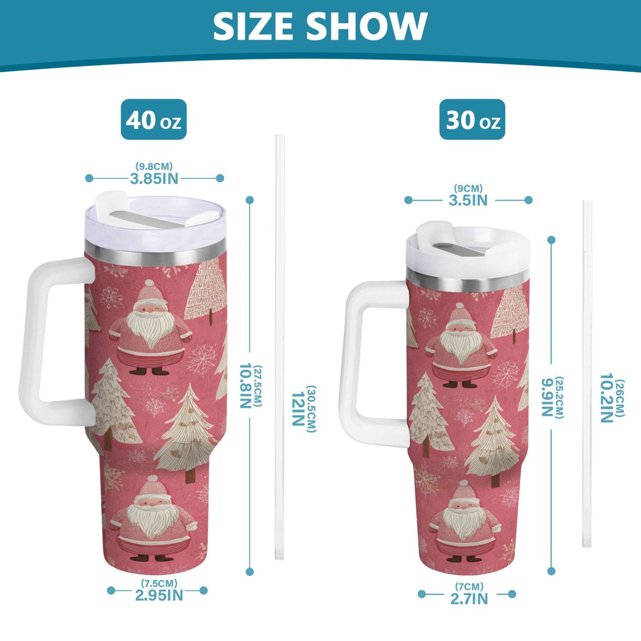 40 oz Insulated Stainless Steel Tumbler Double Wall Stainless Steel Tumbler with 2-Way Drinking Pink Santa Claus Pattern - VRN8