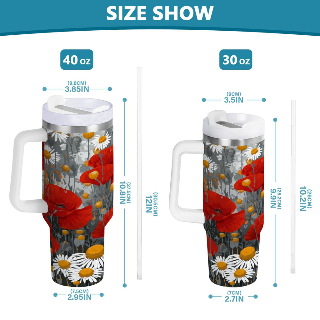 40 oz Insulated Stainless Steel Tumbler Double Wall Stainless Steel Tumbler with 2-Way Drinking Red Flowers and Daisies - EC6D