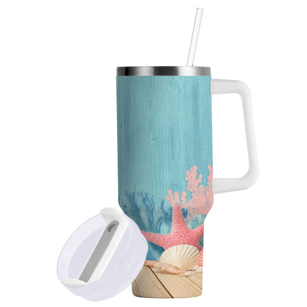 40 oz Insulated Stainless Steel Tumbler Double Wall Stainless Steel Tumbler with 2-Way Drinking Colorful Starfish and Seashells - VHFR