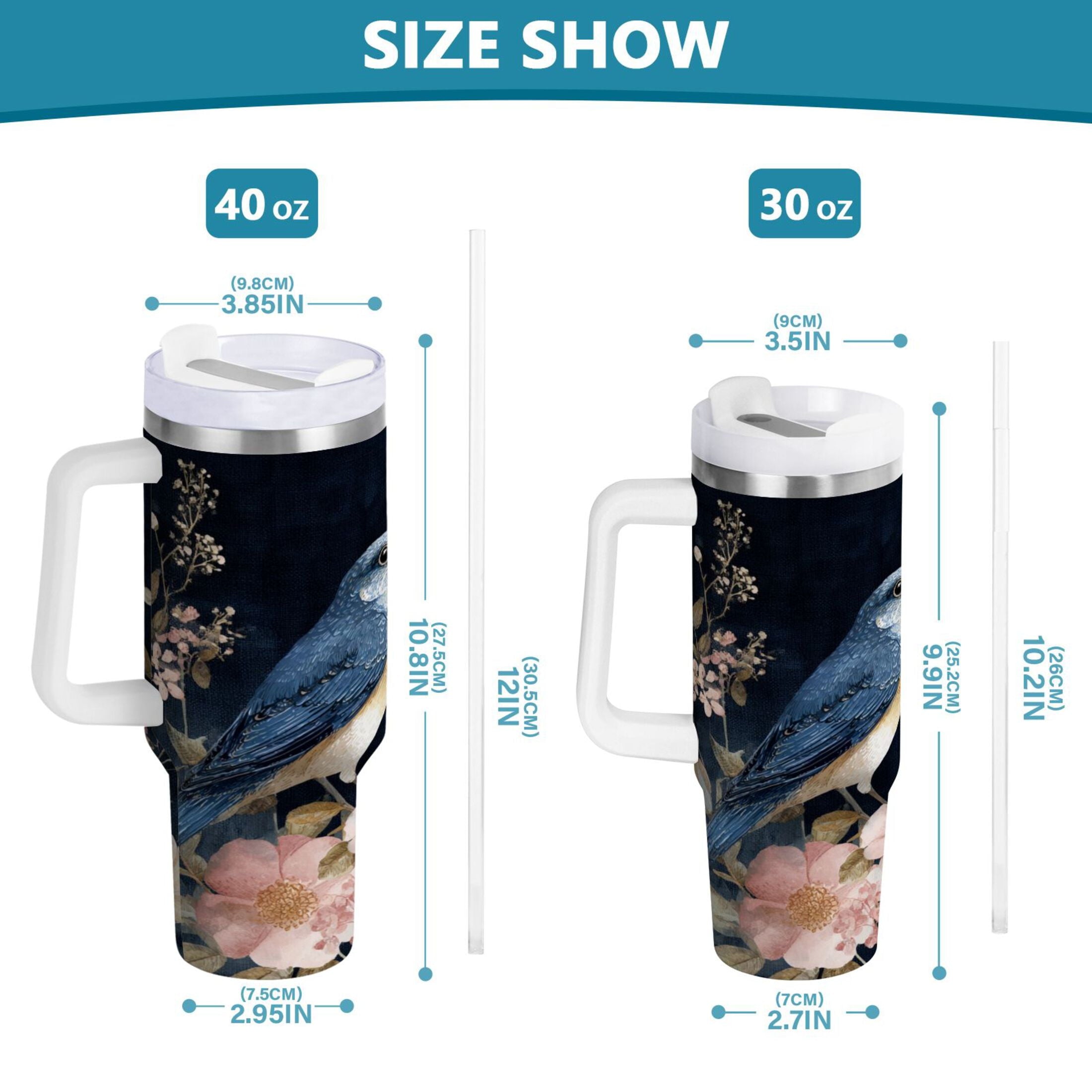 30 oz Insulated Stainless Steel Tumbler Double Wall Stainless Steel Tumbler with 2-Way Drinking Watercolor Vintage Blue Bird - CYQW