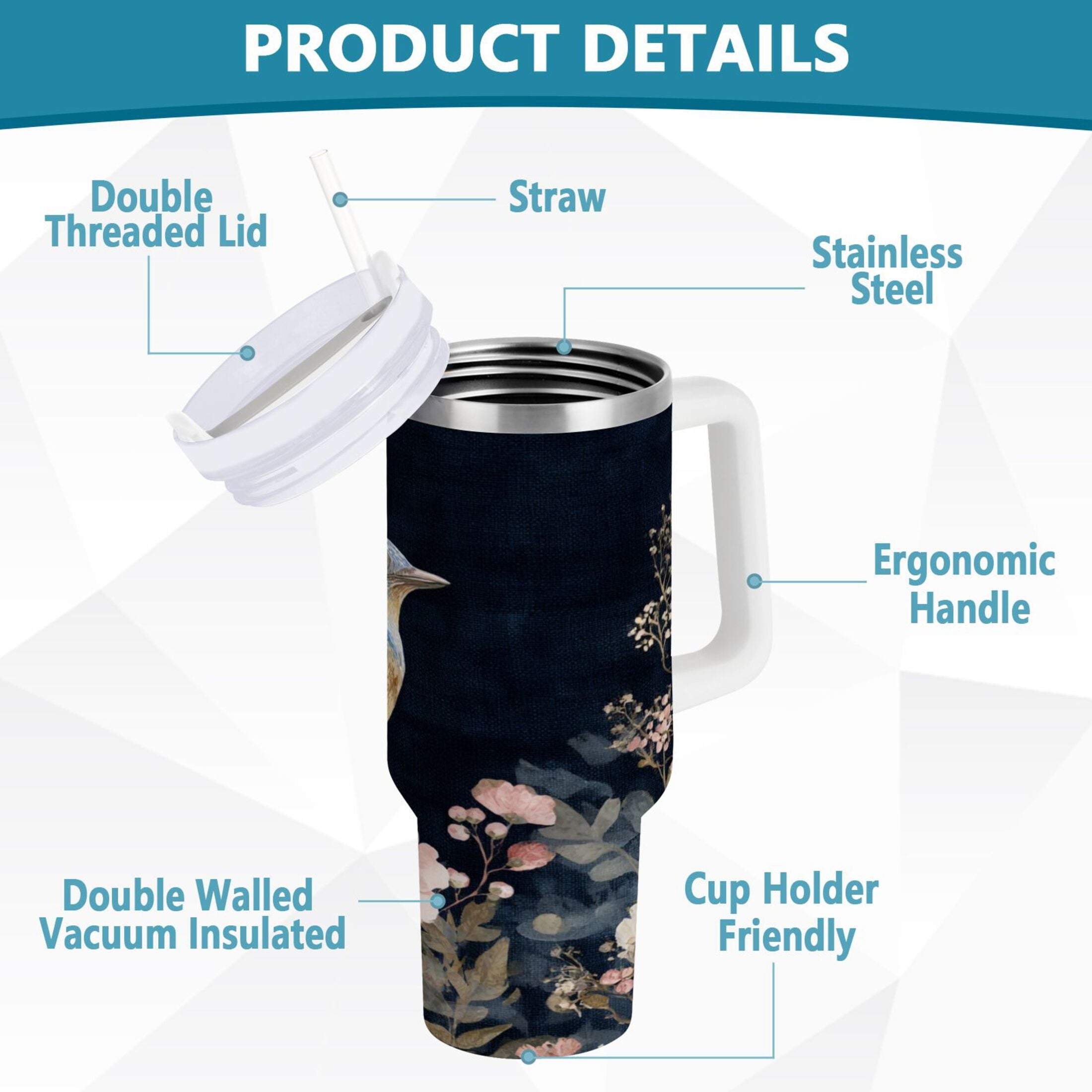 30 oz Insulated Stainless Steel Tumbler Double Wall Stainless Steel Tumbler with 2-Way Drinking Watercolor Vintage Blue Bird - CYQW