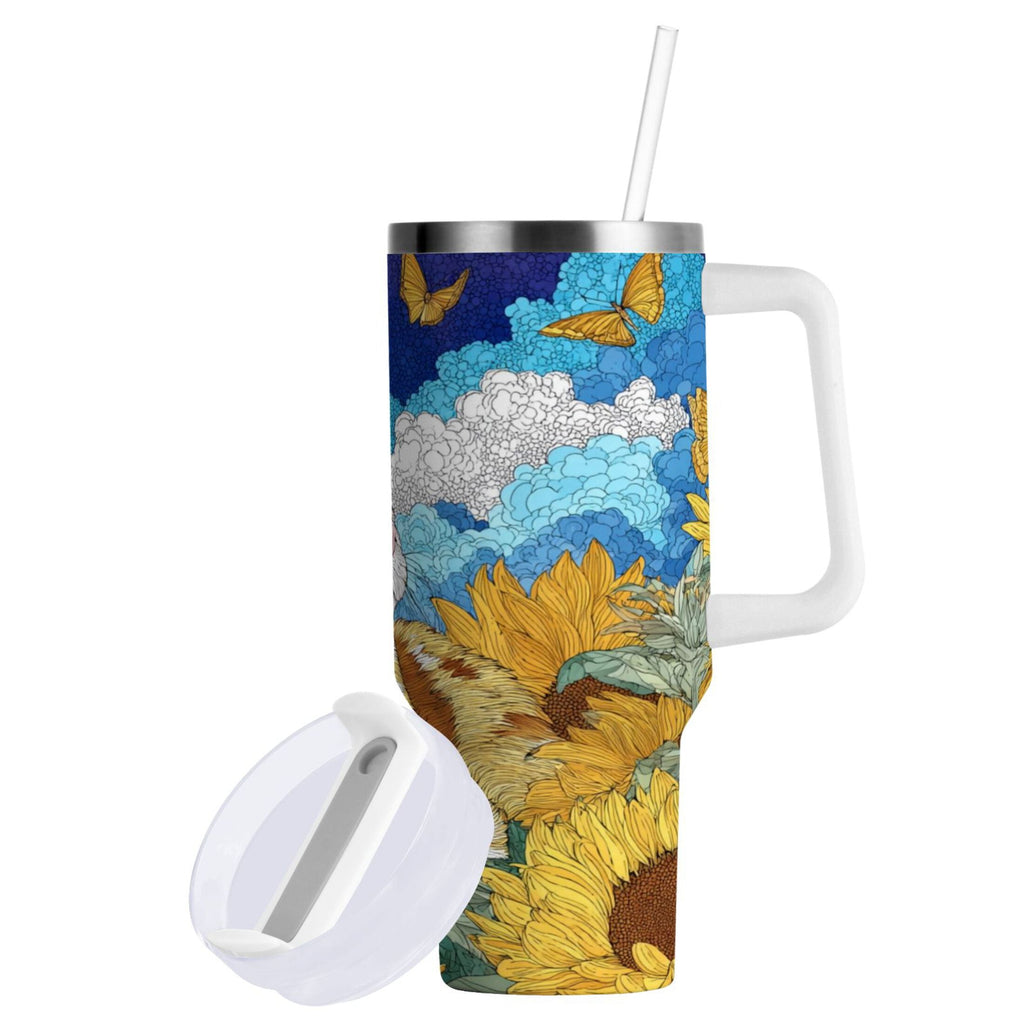 40 oz Insulated Stainless Steel Tumbler Double Wall Stainless Steel Tumbler with 2-Way Drinking Cat Lies in The Sunflowers - T6CX