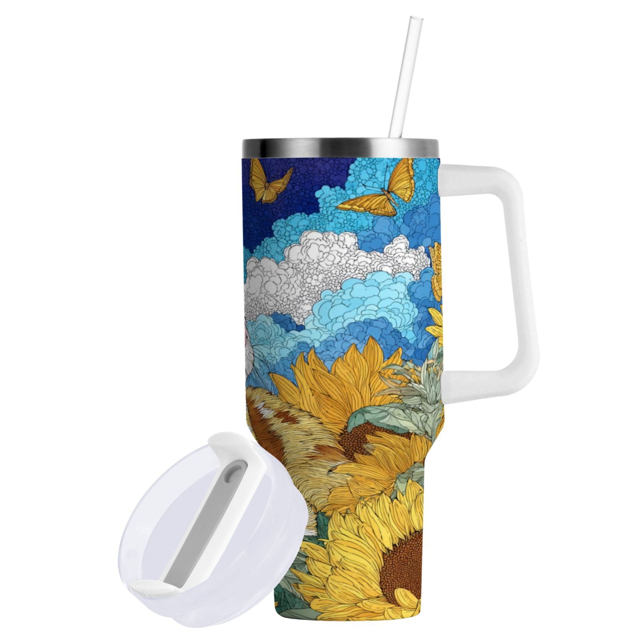 40 oz Insulated Stainless Steel Tumbler Double Wall Stainless Steel Tumbler with 2-Way Drinking Cat Lies in The Sunflowers - T6CX