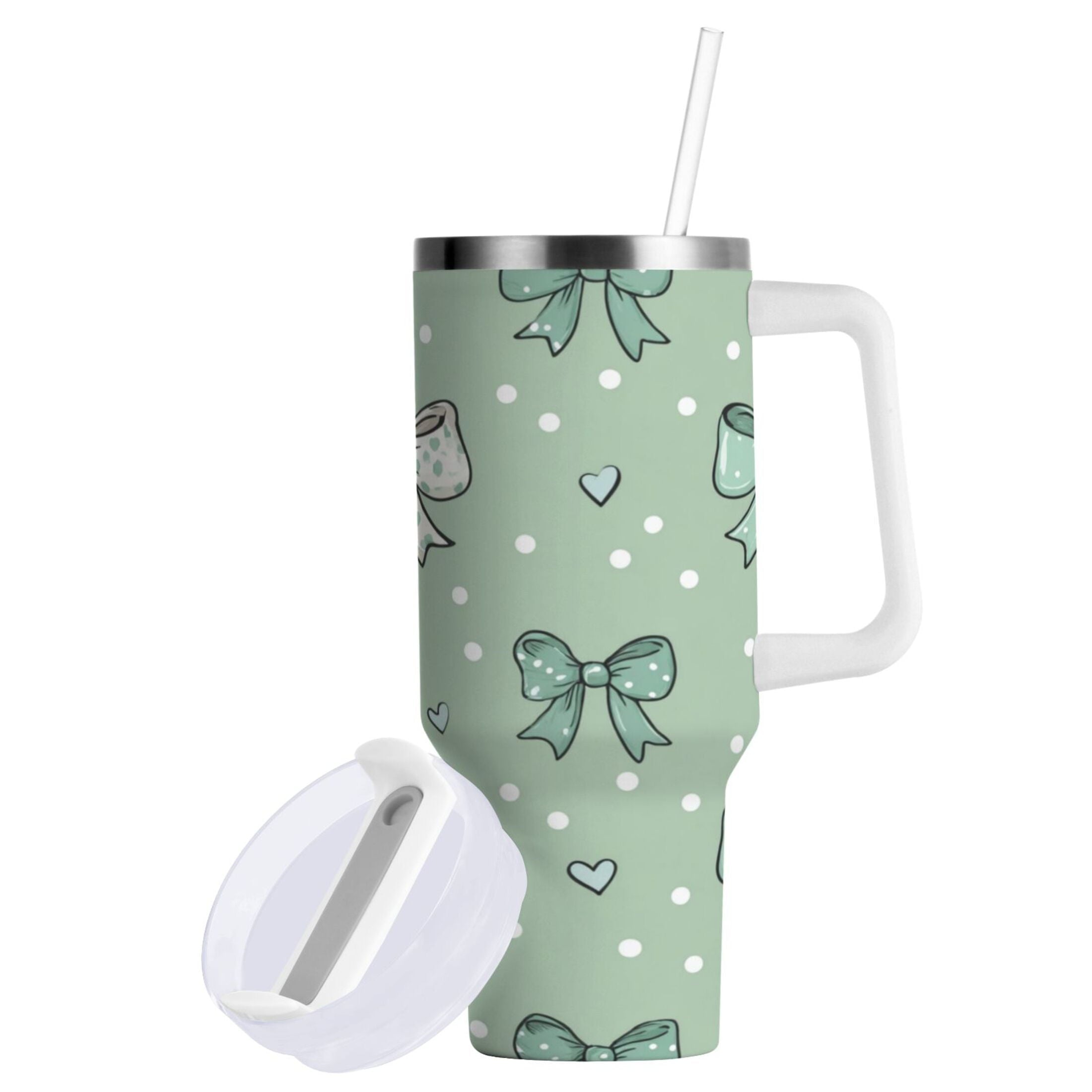 30 oz Insulated Stainless Steel Tumbler Double Wall Stainless Steel Tumbler with 2-Way Drinking Green and Mint Bows - 8F8C