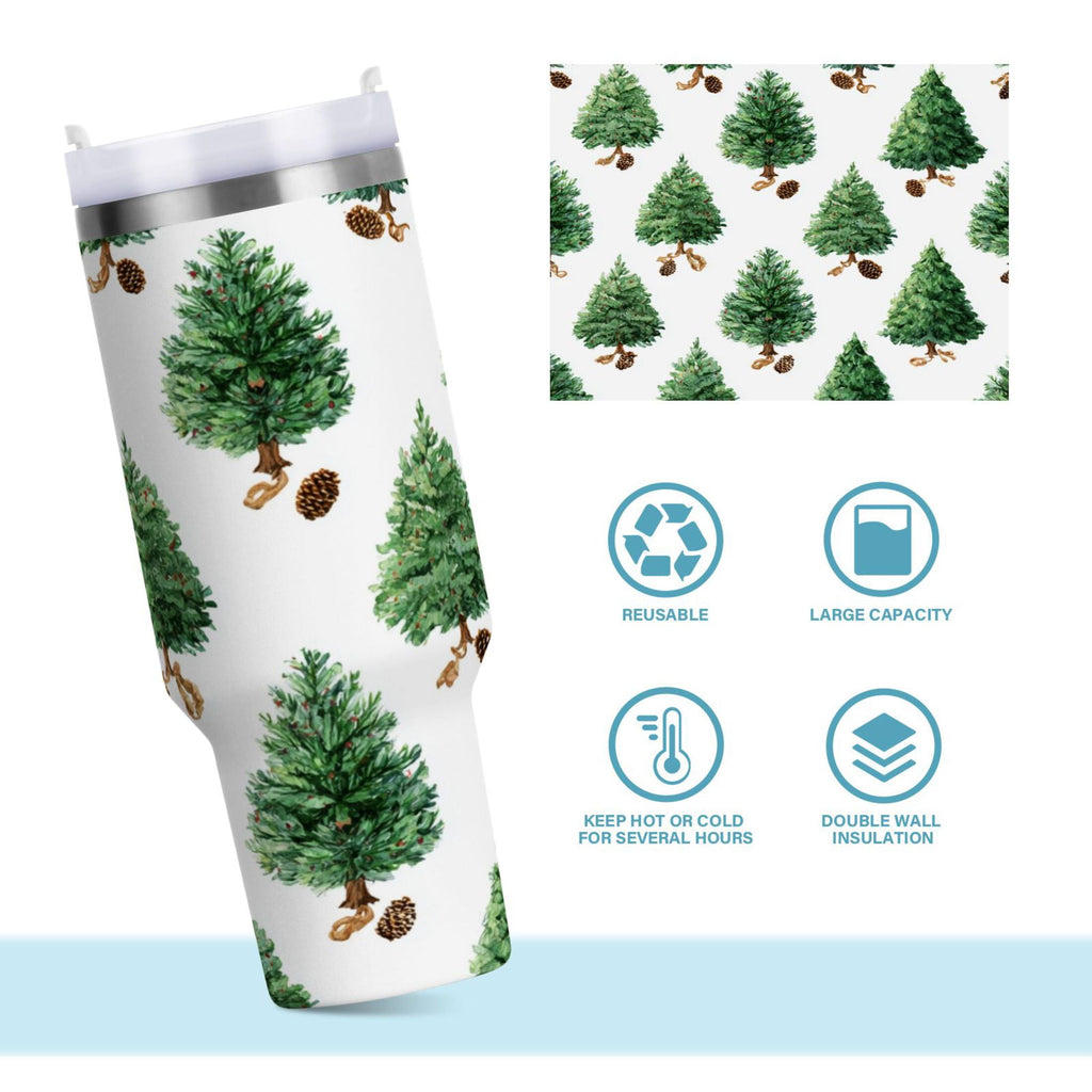 30 oz Insulated Stainless Steel Tumbler Double Wall Stainless Steel Tumbler with 2-Way Drinking Watercolor Green Christmas Tree - QM25