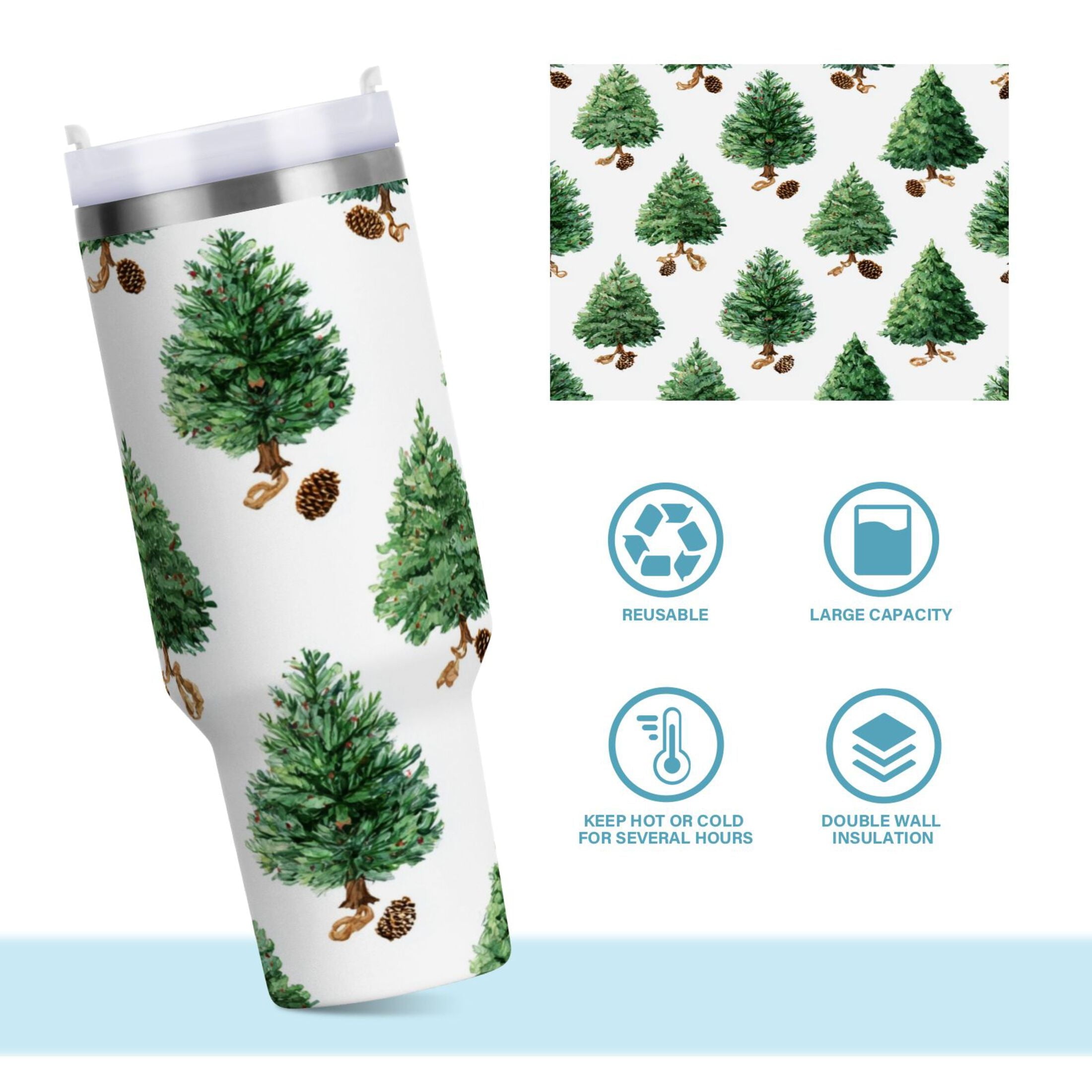 30 oz Insulated Stainless Steel Tumbler Double Wall Stainless Steel Tumbler with 2-Way Drinking Watercolor Green Christmas Tree - QM25