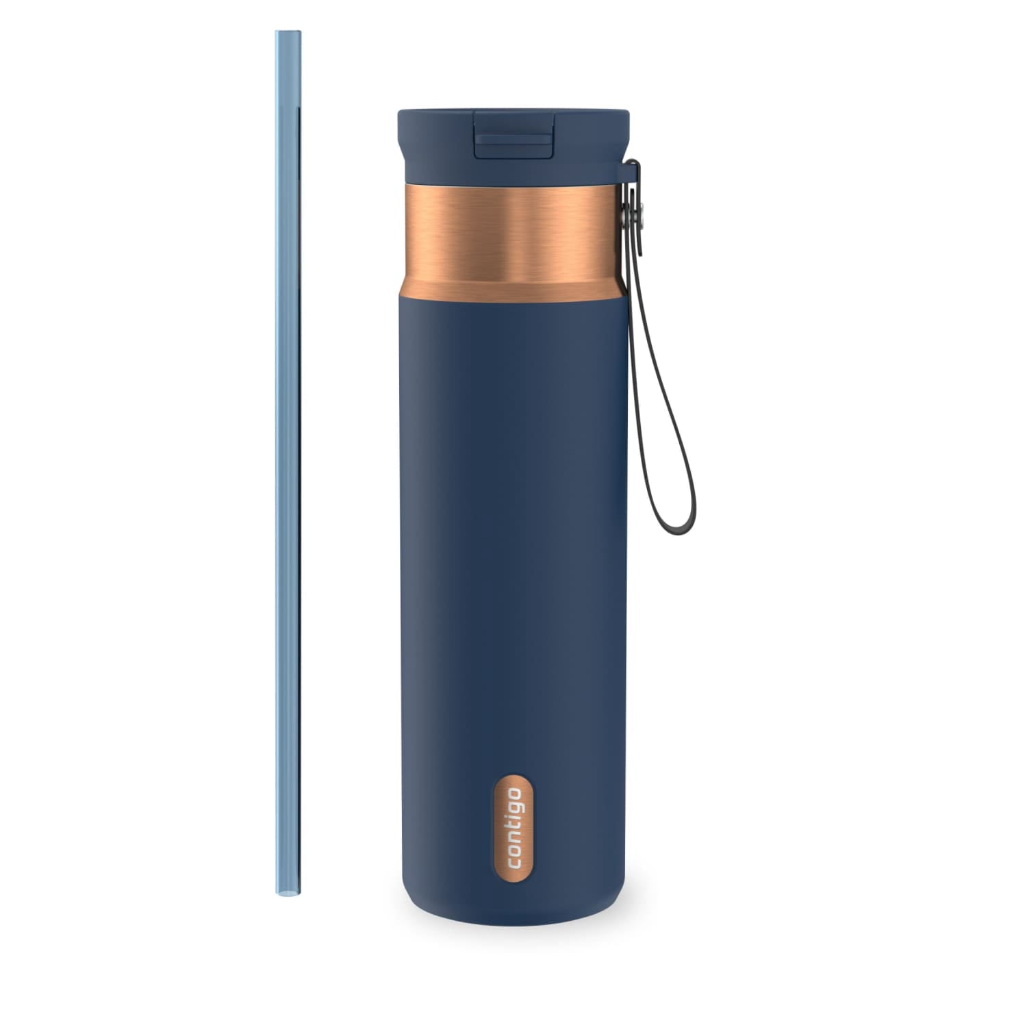 Contigo SnapSeal Leakproof Stainless Steel Reusable Water Bottle with Carrying Strap, Dark Blue/Bronze, 24 oz - B9LM