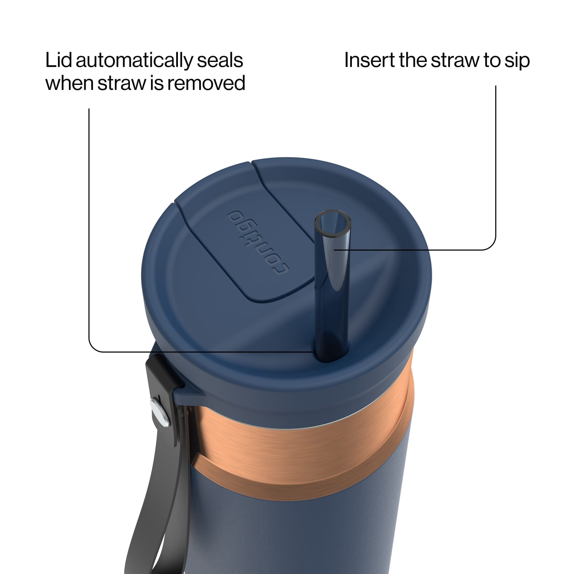 Contigo SnapSeal Leakproof Stainless Steel Reusable Water Bottle with Carrying Strap, Dark Blue/Bronze, 24 oz - B9LM