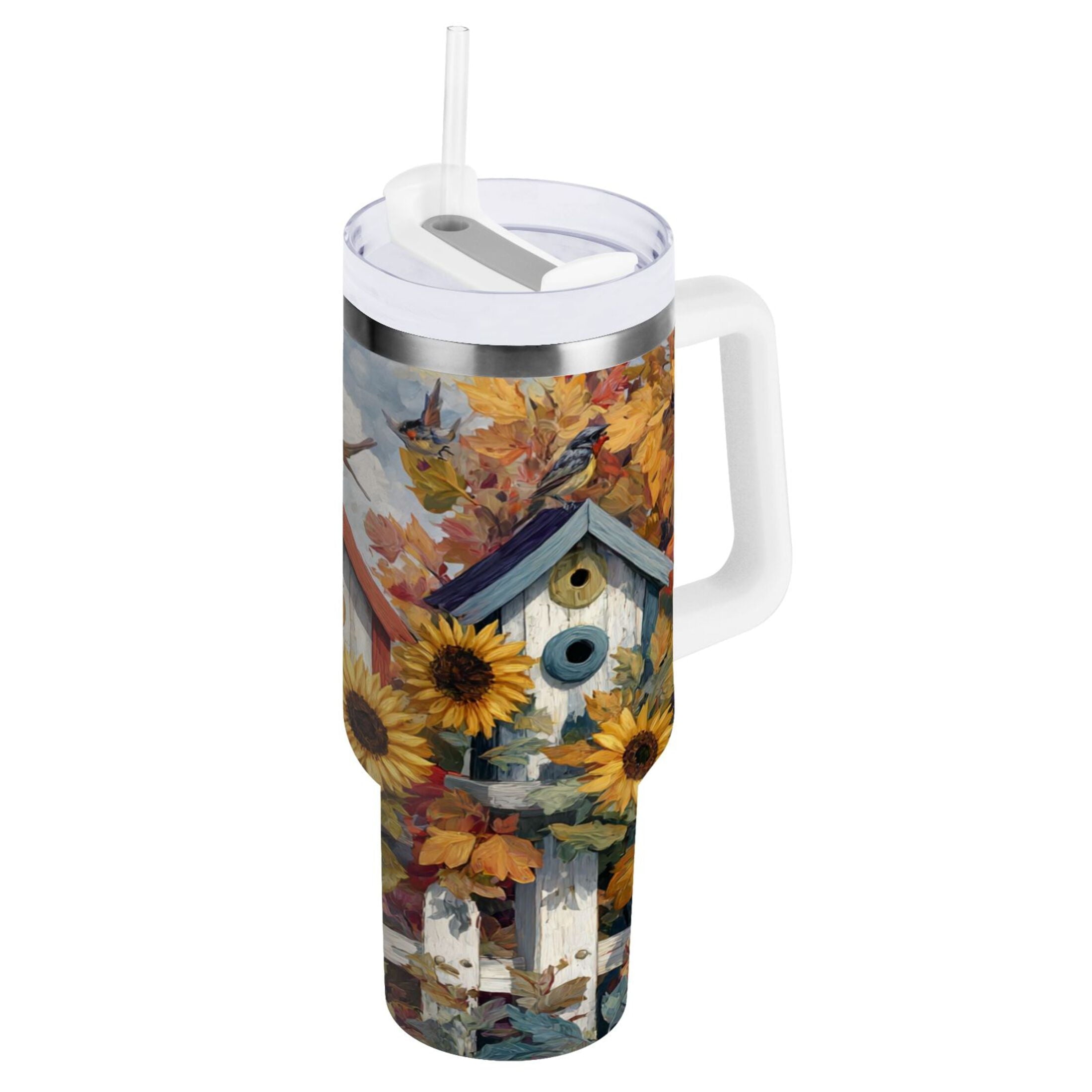 30 oz Insulated Stainless Steel Tumbler Double Wall Stainless Steel Tumbler with 2-Way Drinking Birdhouses with Sunflowers - RS04