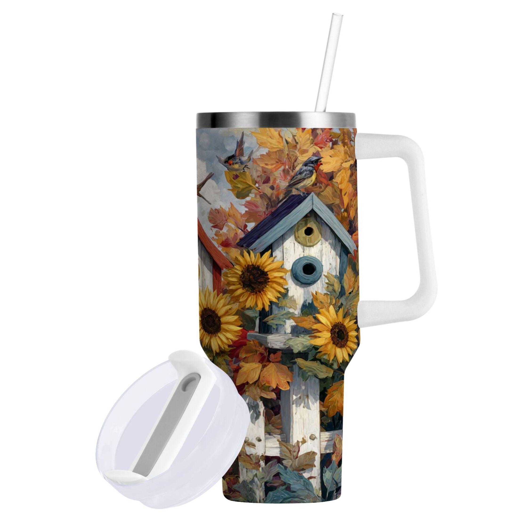 30 oz Insulated Stainless Steel Tumbler Double Wall Stainless Steel Tumbler with 2-Way Drinking Birdhouses with Sunflowers - RS04