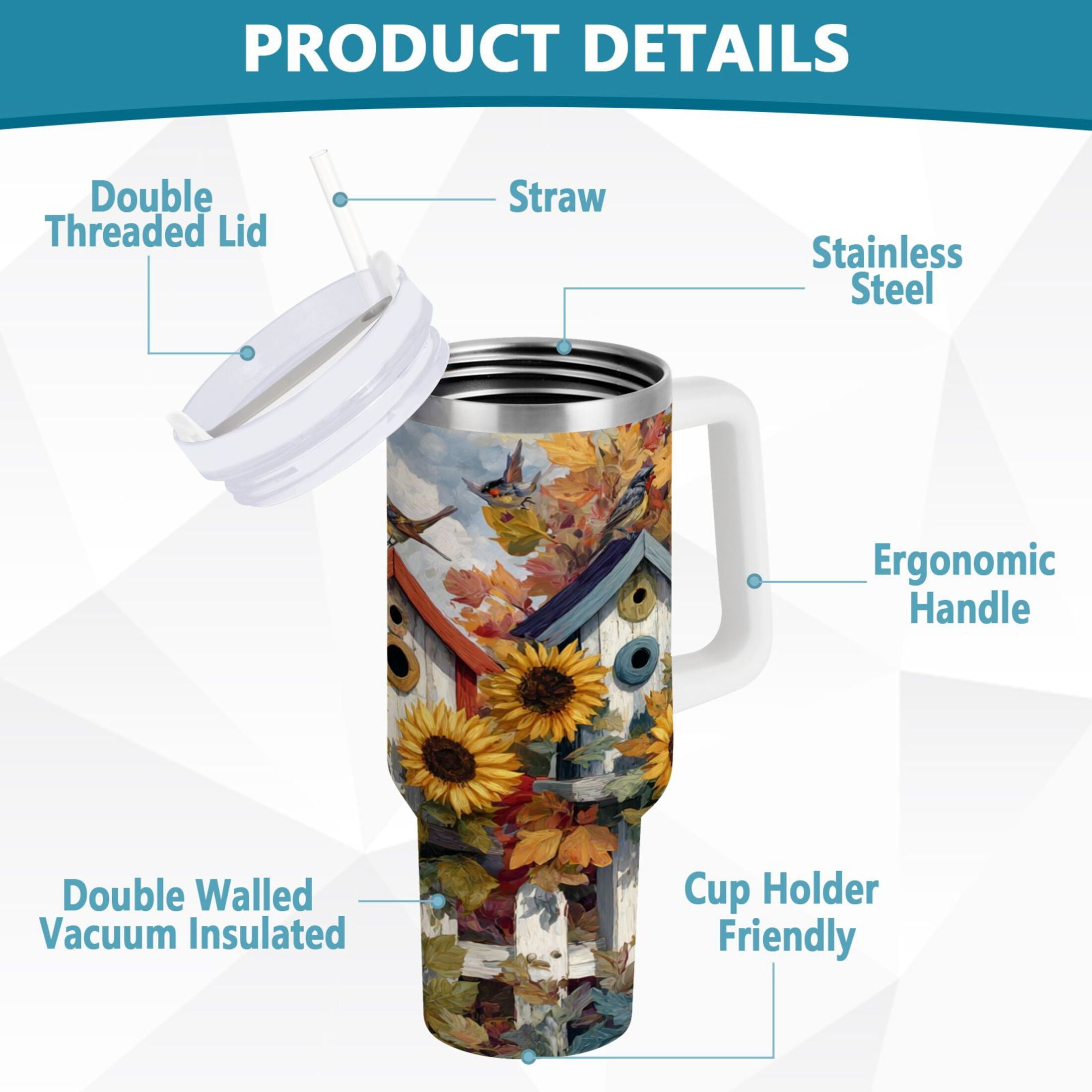 30 oz Insulated Stainless Steel Tumbler Double Wall Stainless Steel Tumbler with 2-Way Drinking Birdhouses with Sunflowers - RS04