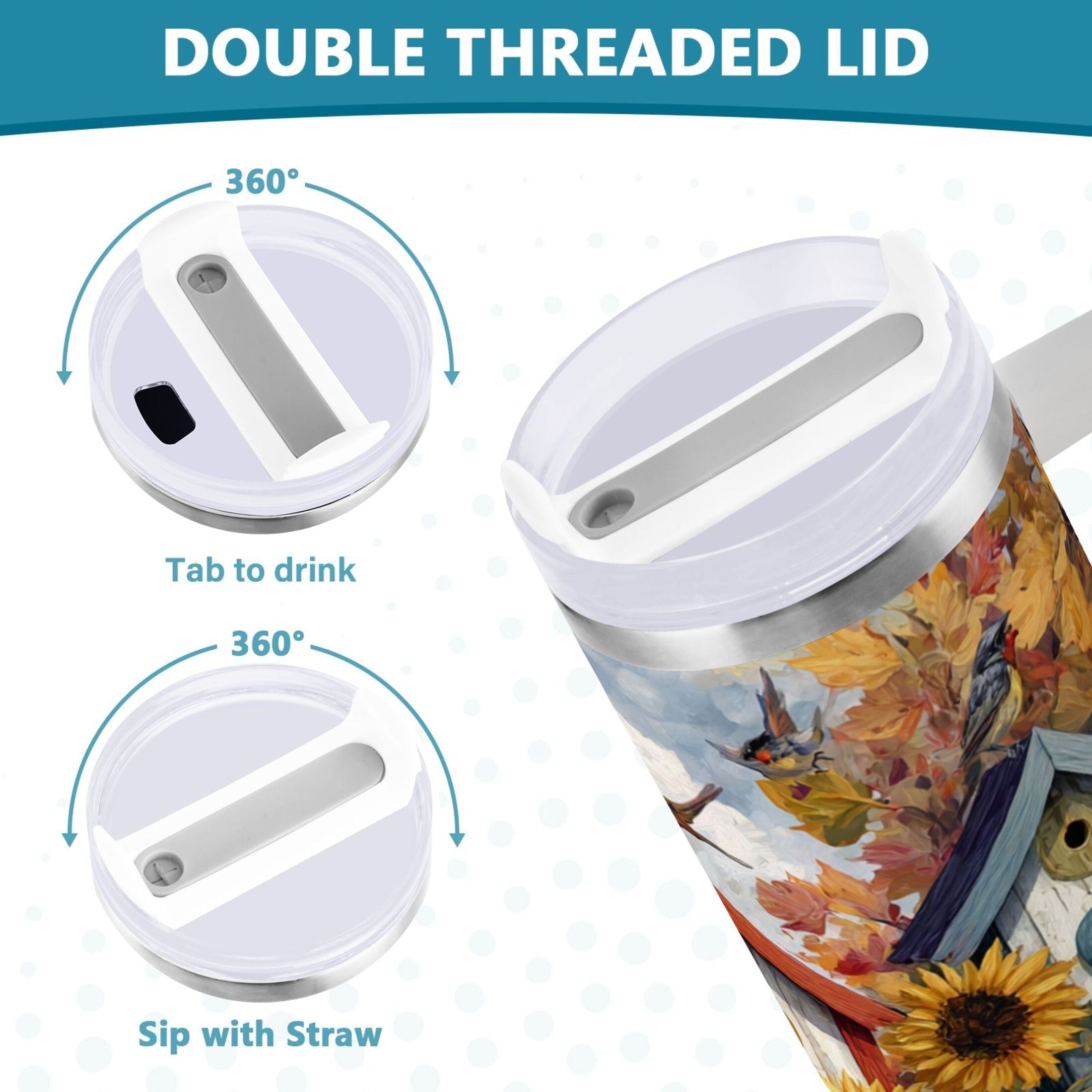 30 oz Insulated Stainless Steel Tumbler Double Wall Stainless Steel Tumbler with 2-Way Drinking Birdhouses with Sunflowers - RS04