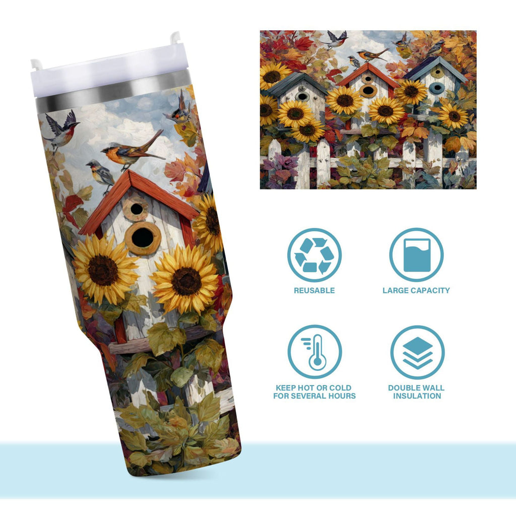 30 oz Insulated Stainless Steel Tumbler Double Wall Stainless Steel Tumbler with 2-Way Drinking Birdhouses with Sunflowers - RS04
