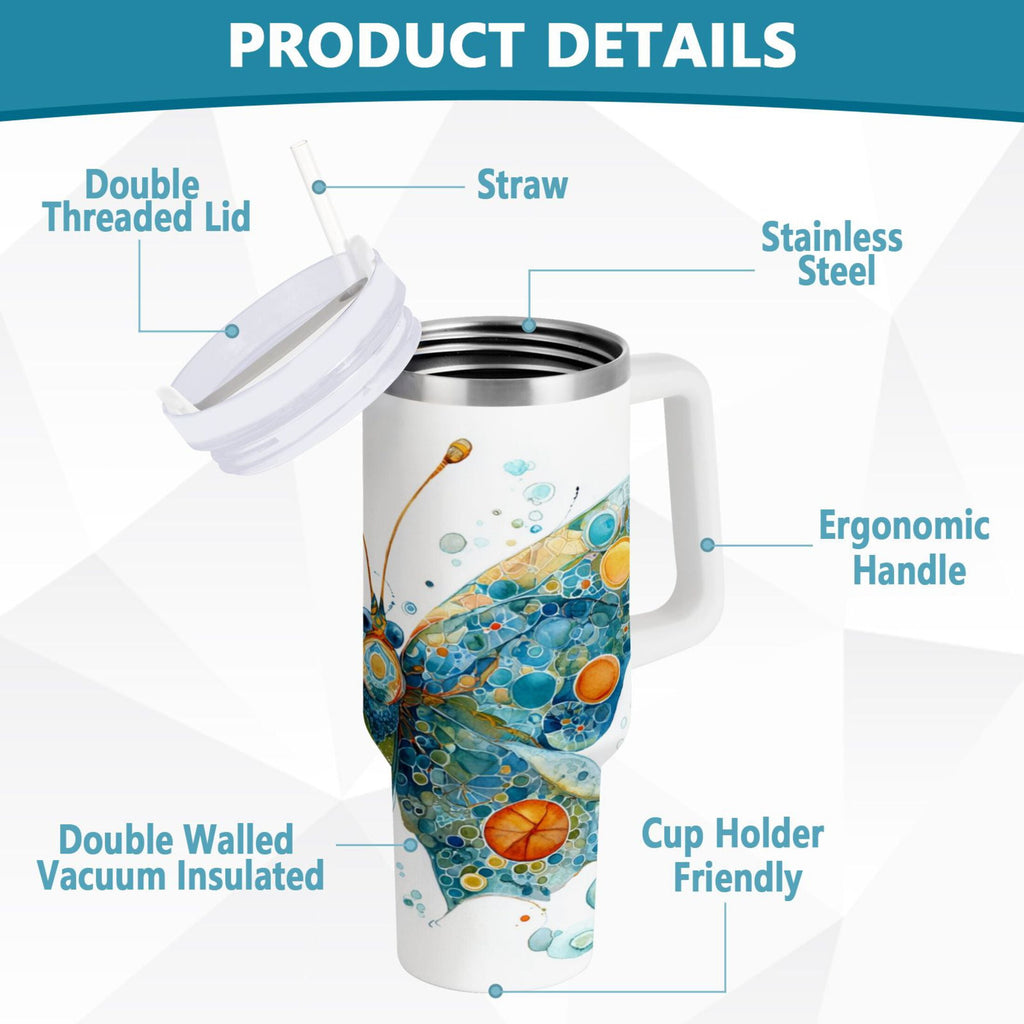 40 oz Insulated Stainless Steel Tumbler Double Wall Stainless Steel Tumbler with 2-Way Drinking Intricately Butterfly - UUM8