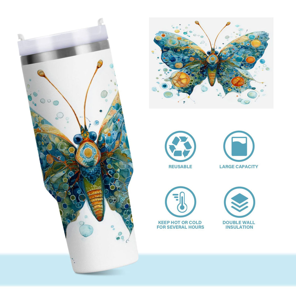 40 oz Insulated Stainless Steel Tumbler Double Wall Stainless Steel Tumbler with 2-Way Drinking Intricately Butterfly - UUM8