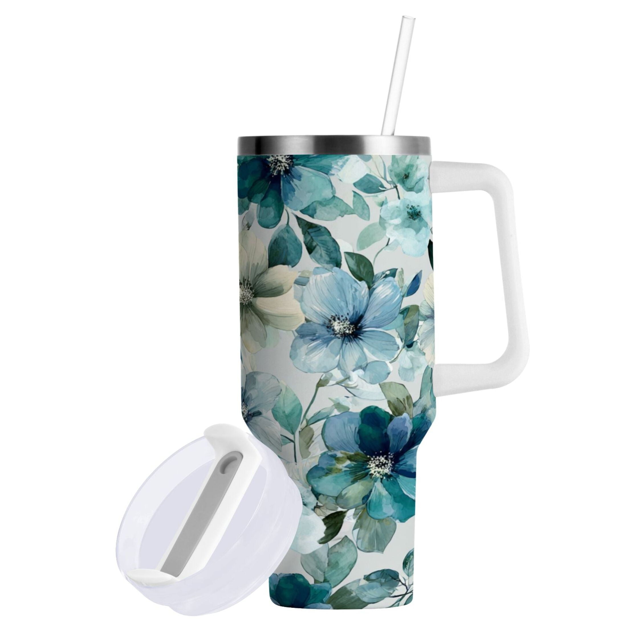 30 oz Insulated Stainless Steel Tumbler Double Wall Stainless Steel Tumbler with 2-Way Drinking Blue and Green Flowers - ZEJO