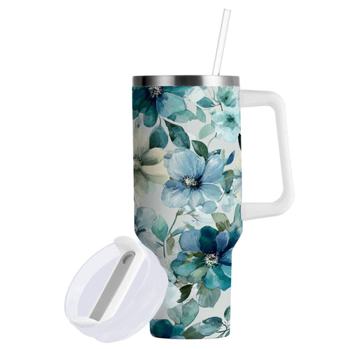 30 oz Insulated Stainless Steel Tumbler Double Wall Stainless Steel Tumbler with 2-Way Drinking Blue and Green Flowers - ZEJO