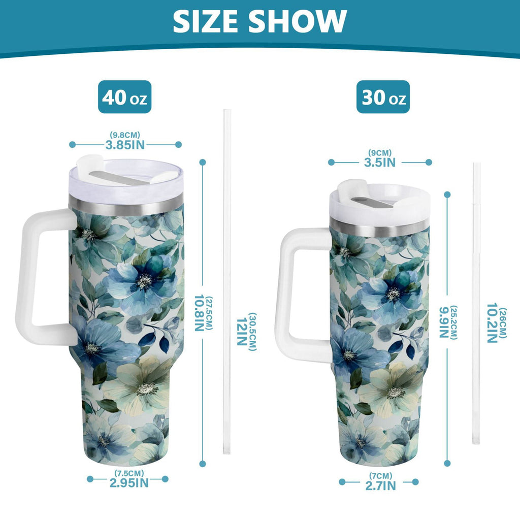 30 oz Insulated Stainless Steel Tumbler Double Wall Stainless Steel Tumbler with 2-Way Drinking Blue and Green Flowers - ZEJO