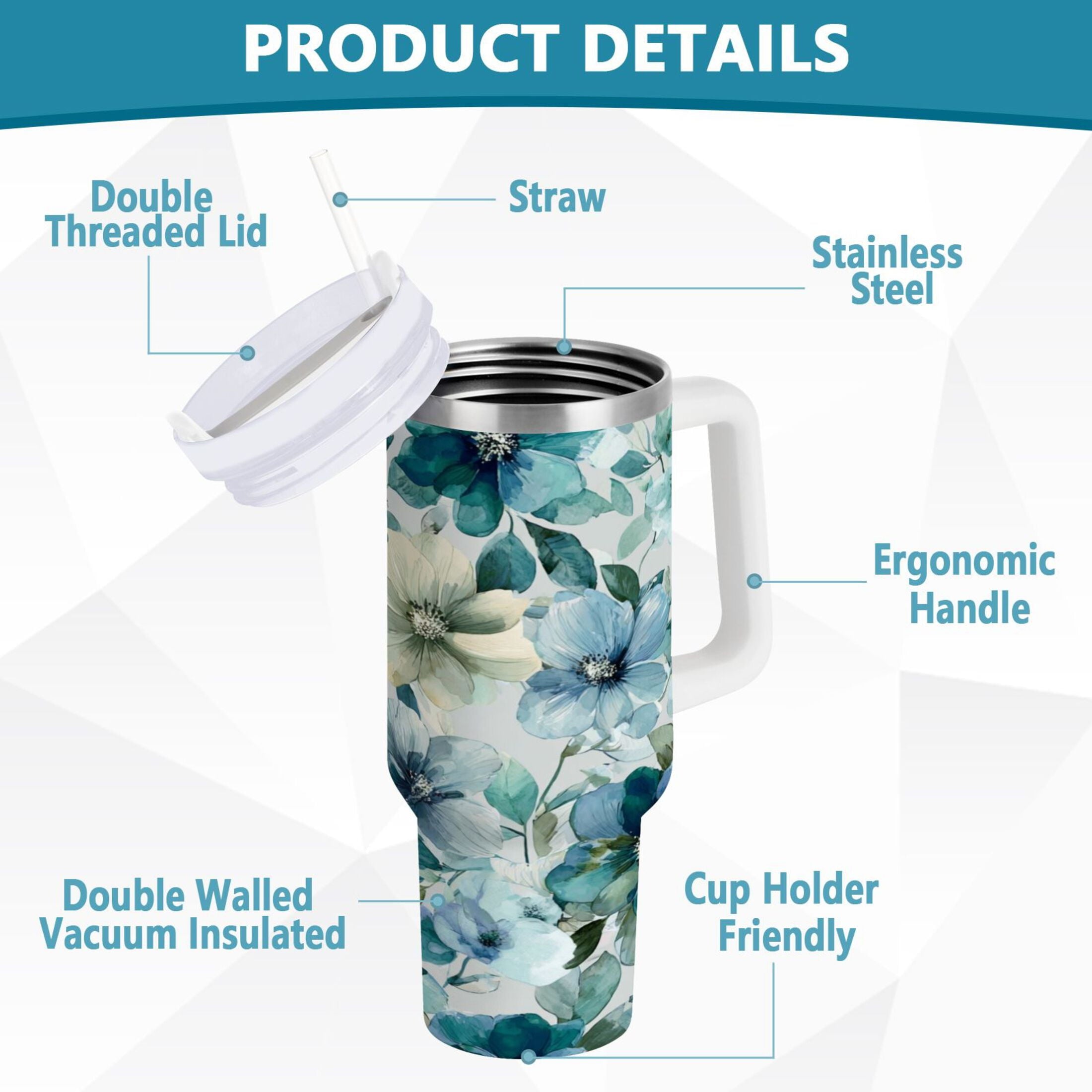 30 oz Insulated Stainless Steel Tumbler Double Wall Stainless Steel Tumbler with 2-Way Drinking Blue and Green Flowers - ZEJO