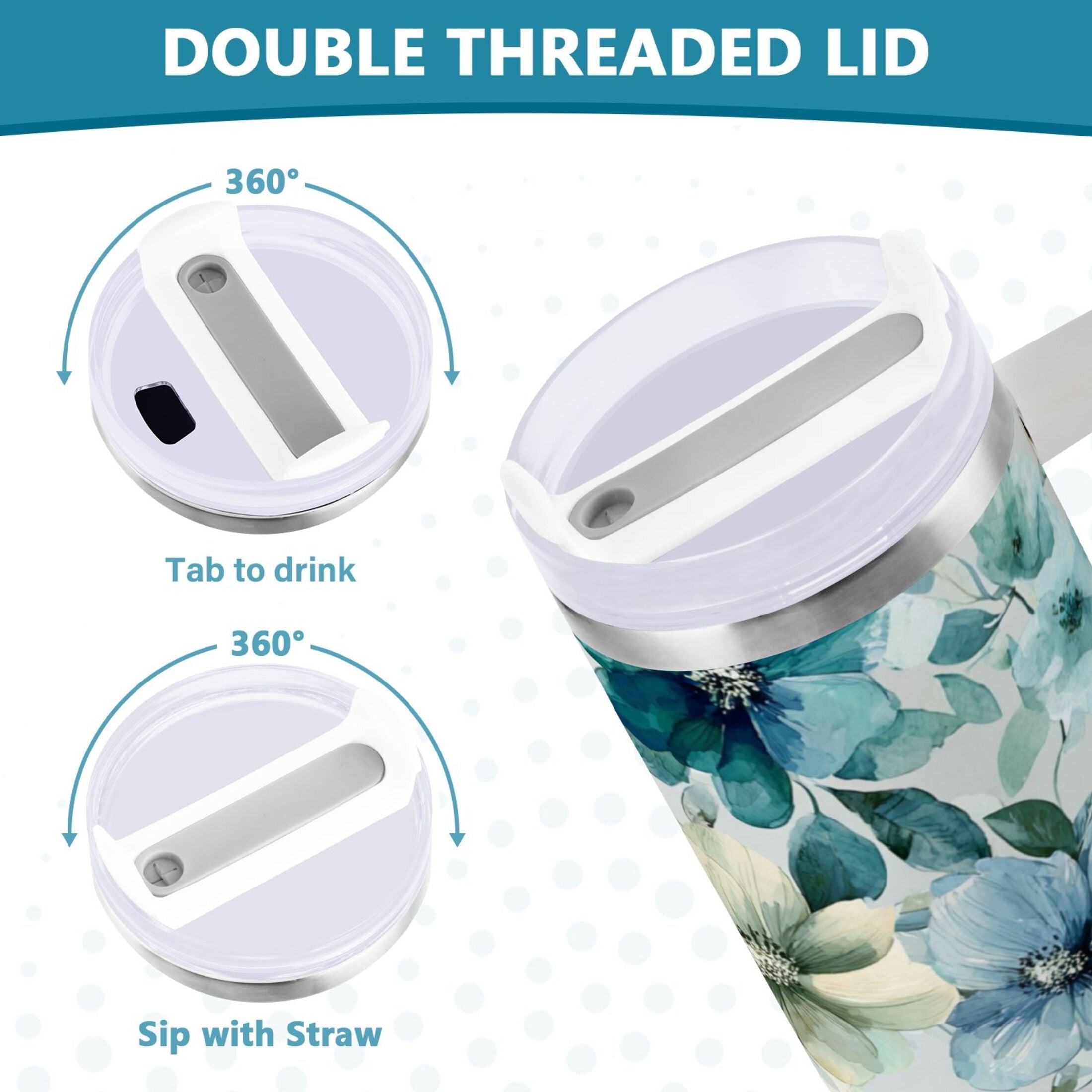 30 oz Insulated Stainless Steel Tumbler Double Wall Stainless Steel Tumbler with 2-Way Drinking Blue and Green Flowers - ZEJO