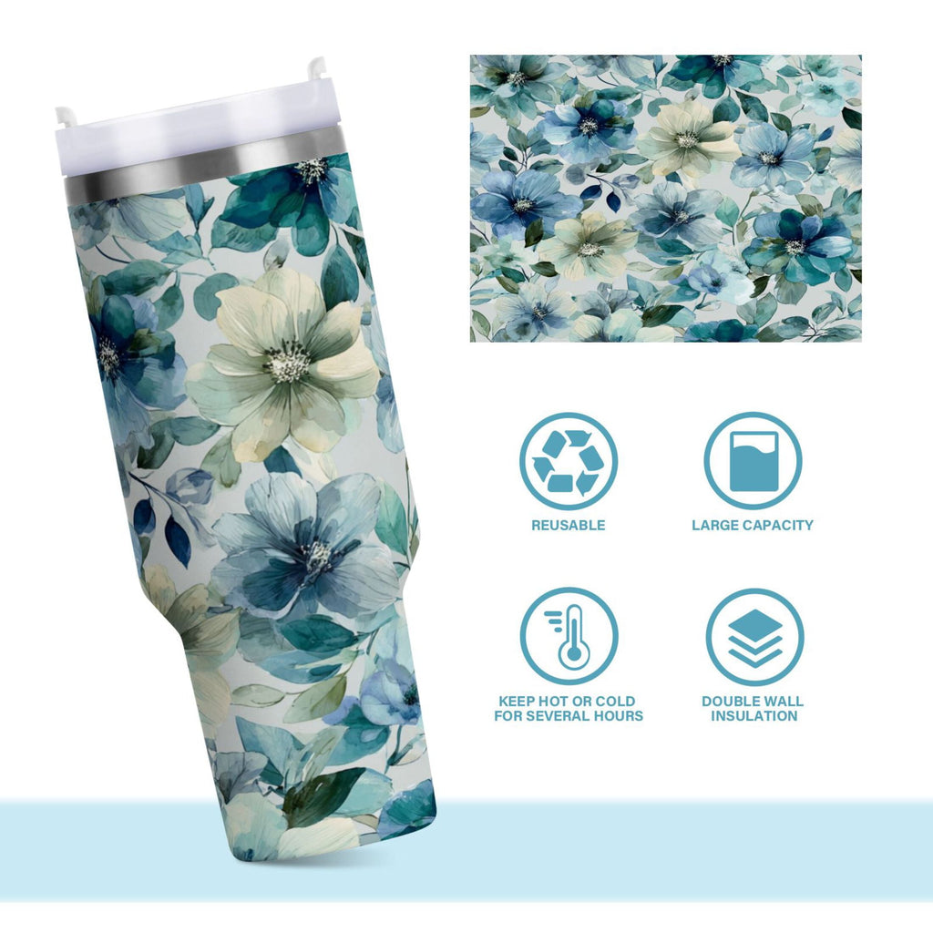 30 oz Insulated Stainless Steel Tumbler Double Wall Stainless Steel Tumbler with 2-Way Drinking Blue and Green Flowers - ZEJO