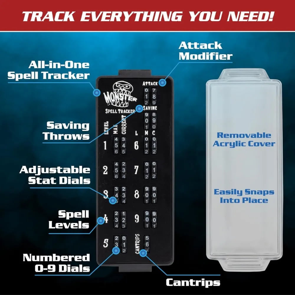 Ultimate RPG Spell Tracker for DND- Easily Keep Track of All Magic Stats, Levels, Modifiers Easily w Adjustable Place-Locking Dials &amp; Protective Cover- Compatible w Dungeons Dragons 5e Tabletop Games - X5A4