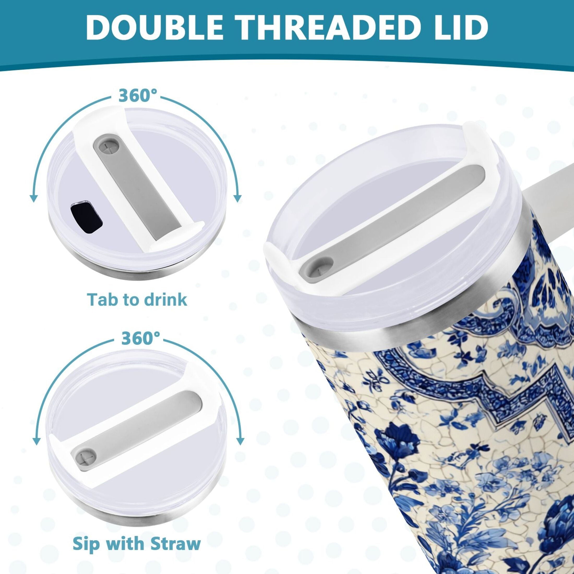 30 oz Insulated Stainless Steel Tumbler Double Wall Stainless Steel Tumbler with 2-Way Drinking Blue and White Porcelain-style - TJC3