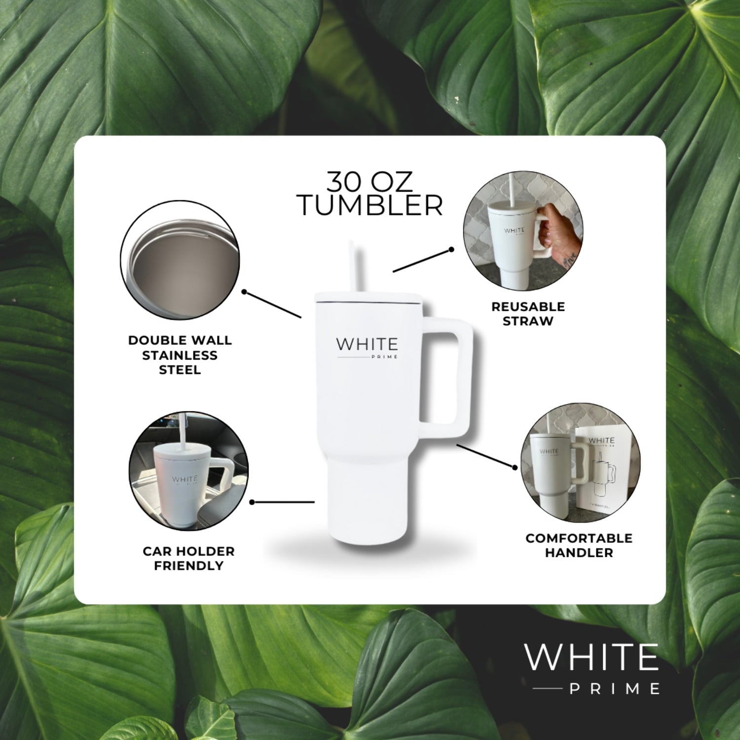 Tumbler 30 oz – Stainless Steel Cup with Handle and Lid | White Prime - SNEU