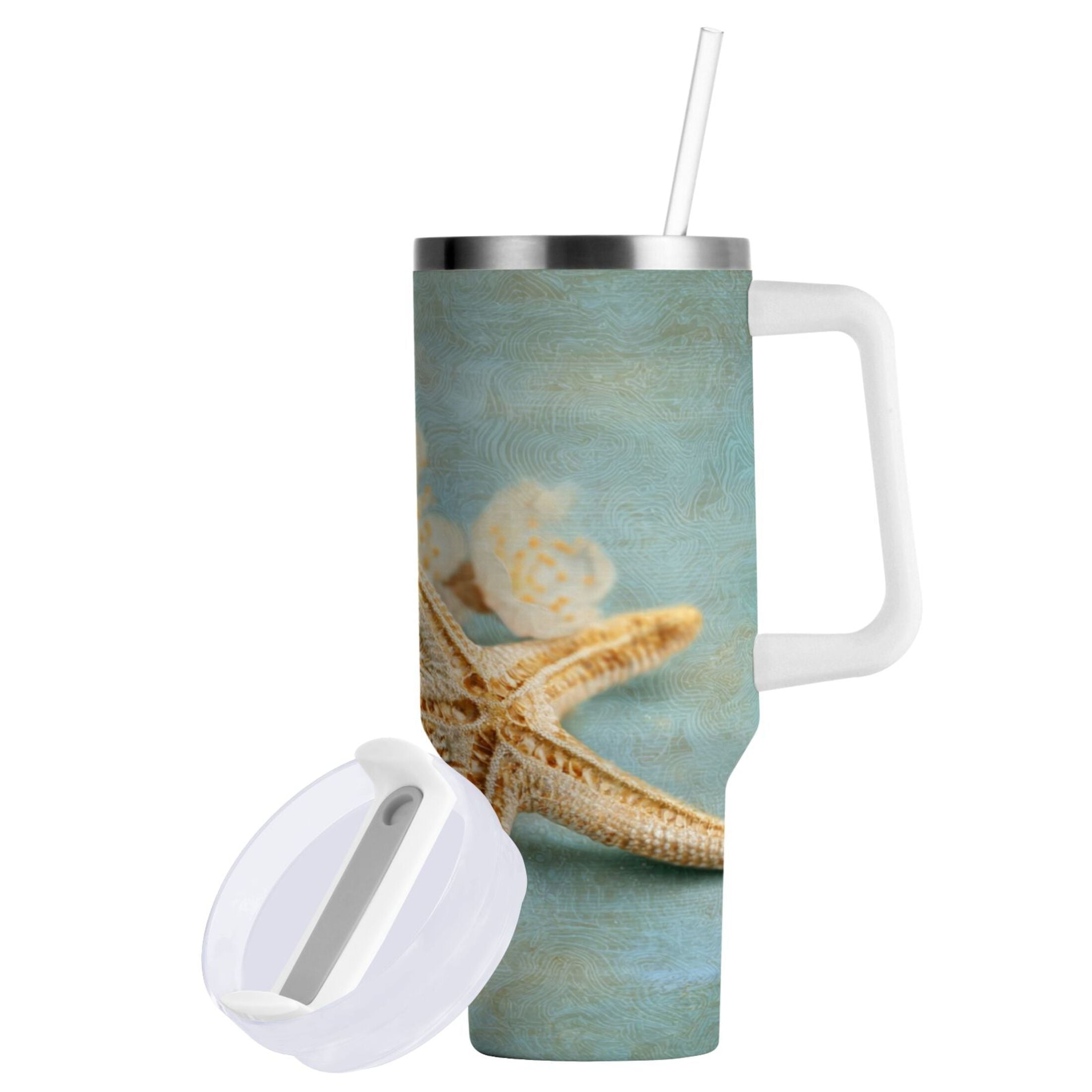 30 oz Insulated Stainless Steel Tumbler Double Wall Stainless Steel Tumbler with 2-Way Drinking Starfish with Flowers - 8PCY