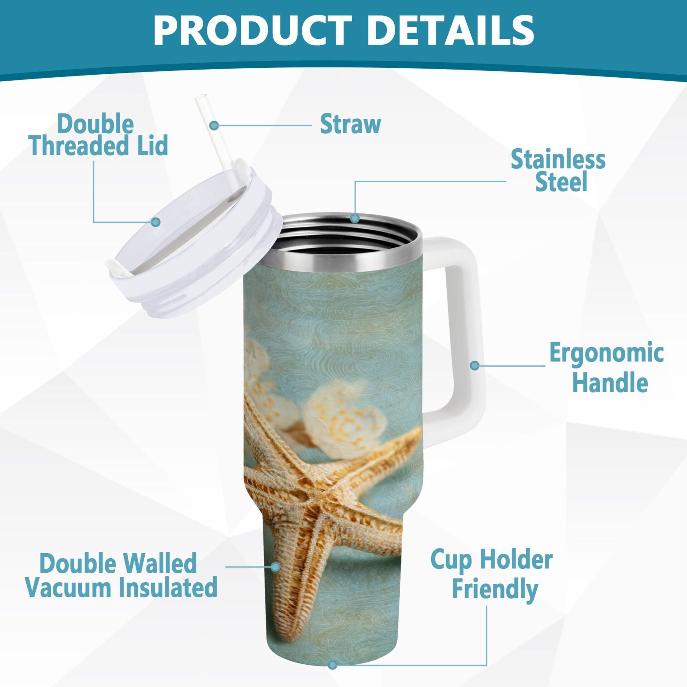 30 oz Insulated Stainless Steel Tumbler Double Wall Stainless Steel Tumbler with 2-Way Drinking Starfish with Flowers - 8PCY