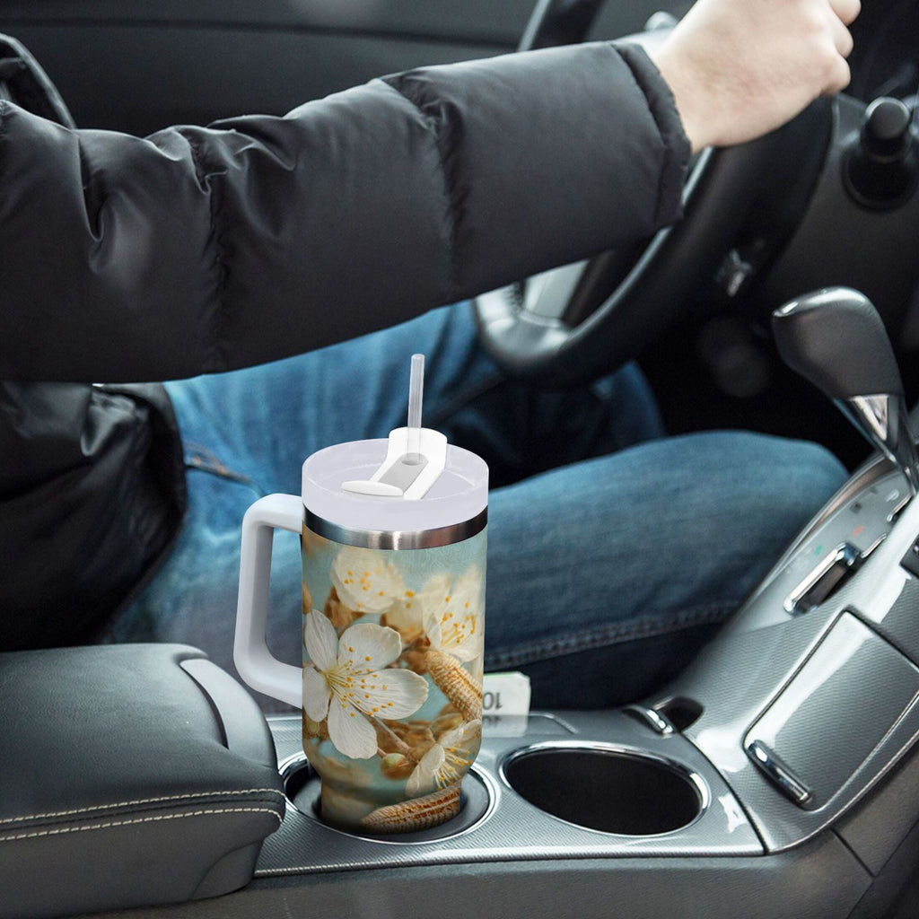 30 oz Insulated Stainless Steel Tumbler Double Wall Stainless Steel Tumbler with 2-Way Drinking Starfish with Flowers - 8PCY