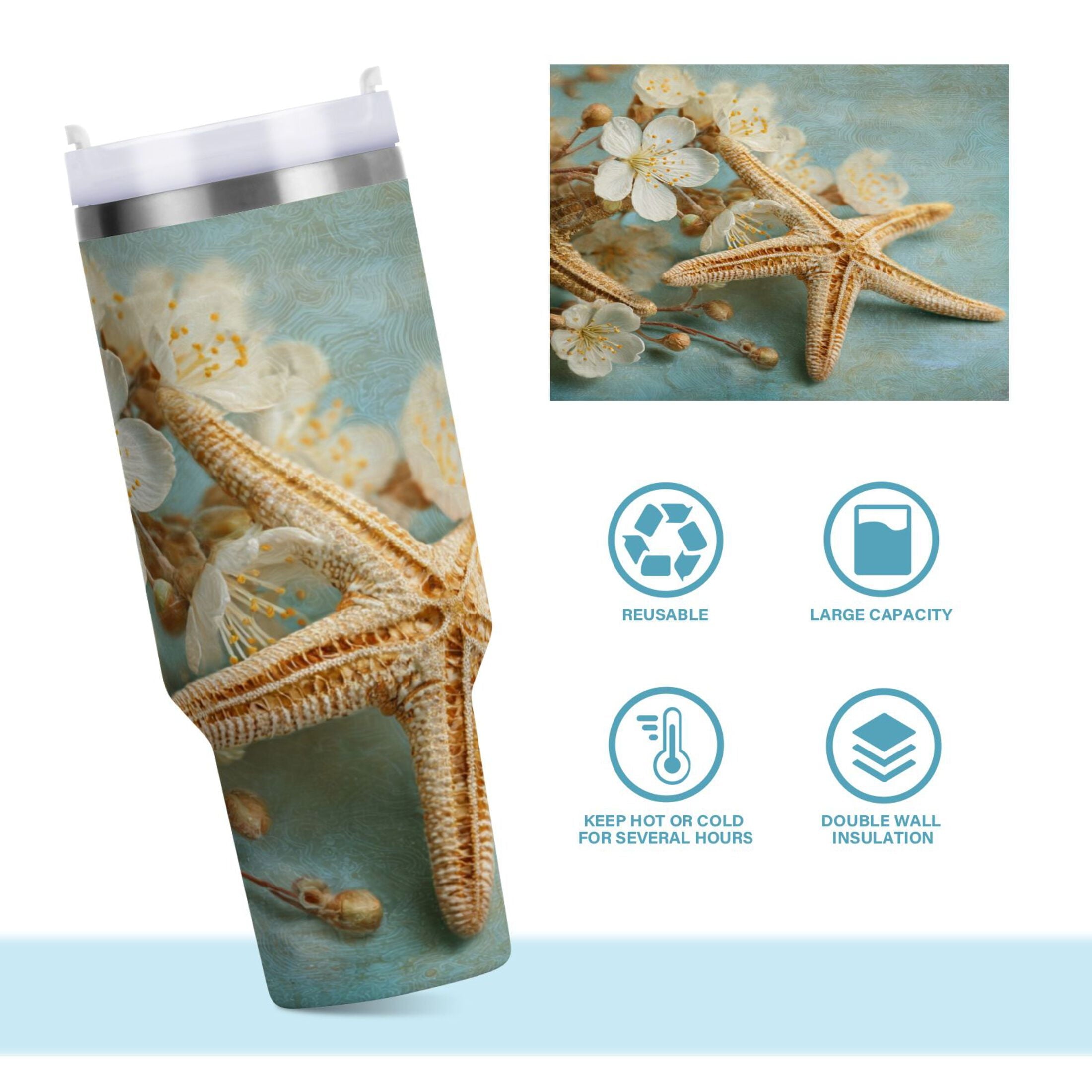 30 oz Insulated Stainless Steel Tumbler Double Wall Stainless Steel Tumbler with 2-Way Drinking Starfish with Flowers - 8PCY