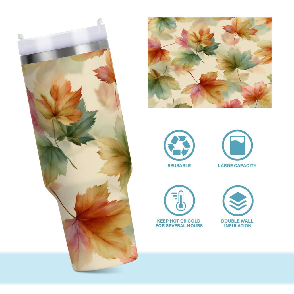 40 oz Insulated Stainless Steel Tumbler Double Wall Stainless Steel Tumbler with 2-Way Drinking Watercolor Maple Leaves Pattern - 9E9C