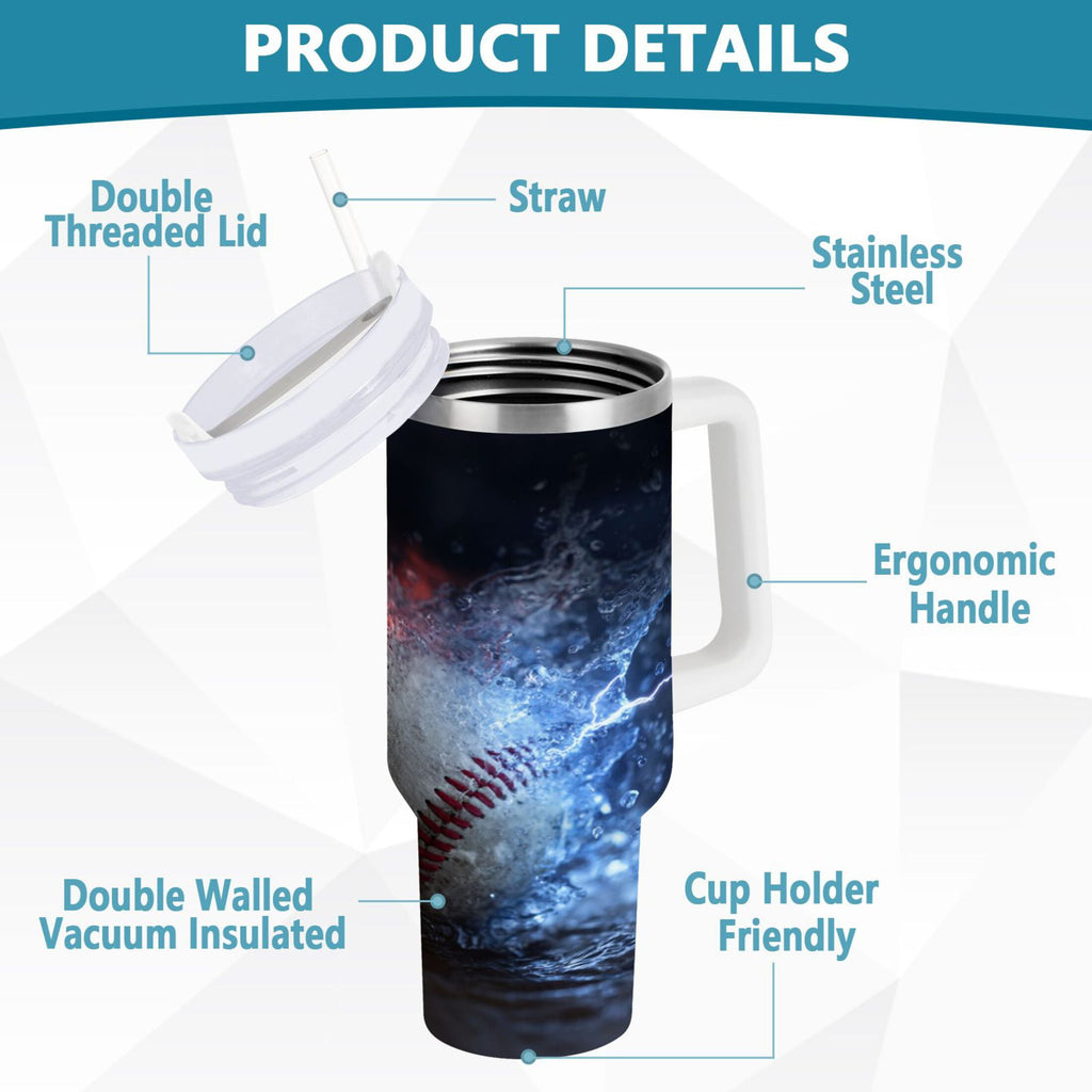 40 oz Insulated Stainless Steel Tumbler Double Wall Stainless Steel Tumbler with 2-Way Drinking Baseball with Water and Fire - MUV8