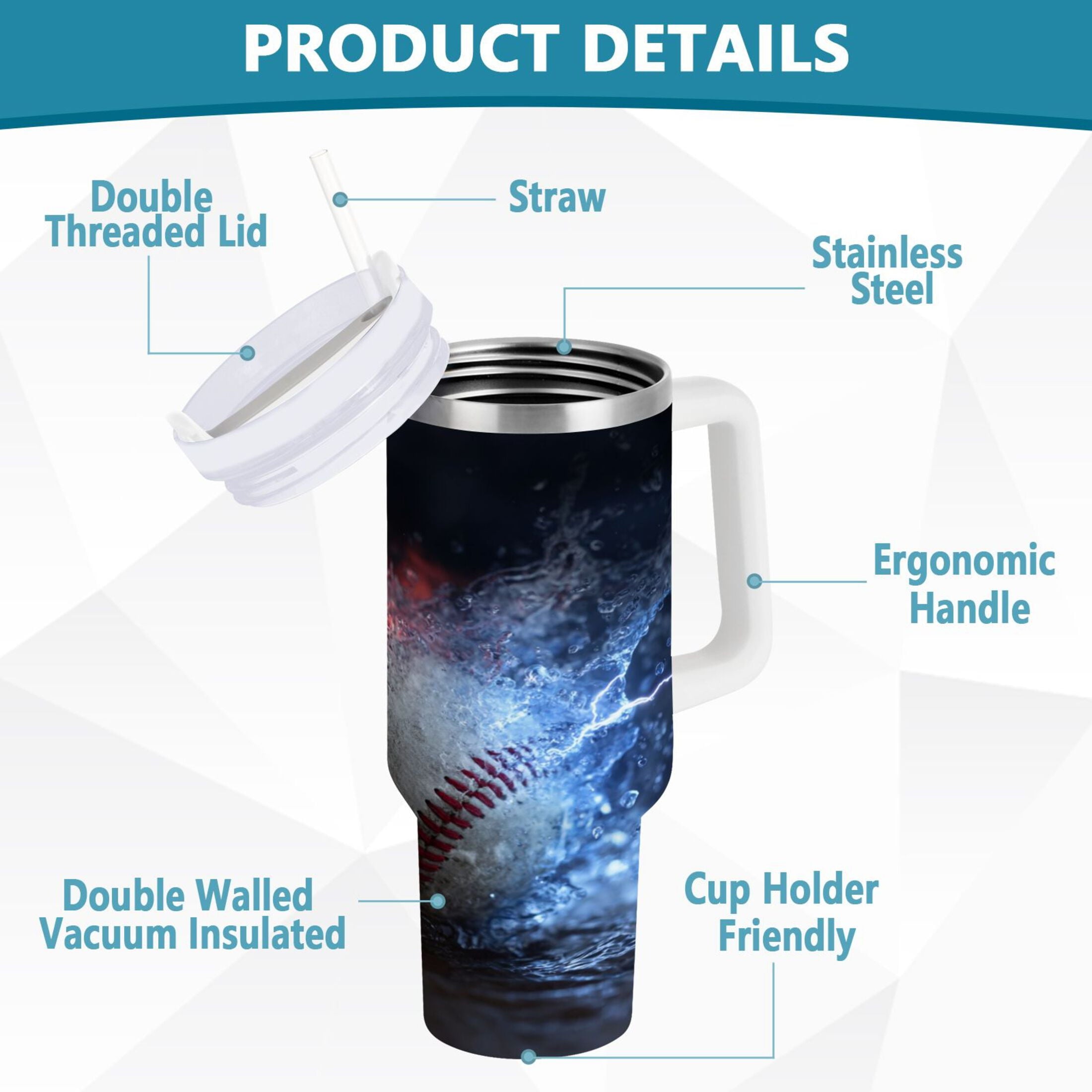 40 oz Insulated Stainless Steel Tumbler Double Wall Stainless Steel Tumbler with 2-Way Drinking Baseball with Water and Fire - MUV8
