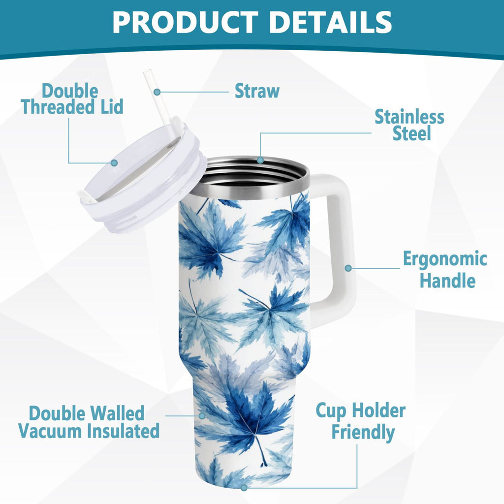 30 oz Insulated Stainless Steel Tumbler Double Wall Stainless Steel Tumbler with 2-Way Drinking Abstract Blue Maple Leaves - AVPG