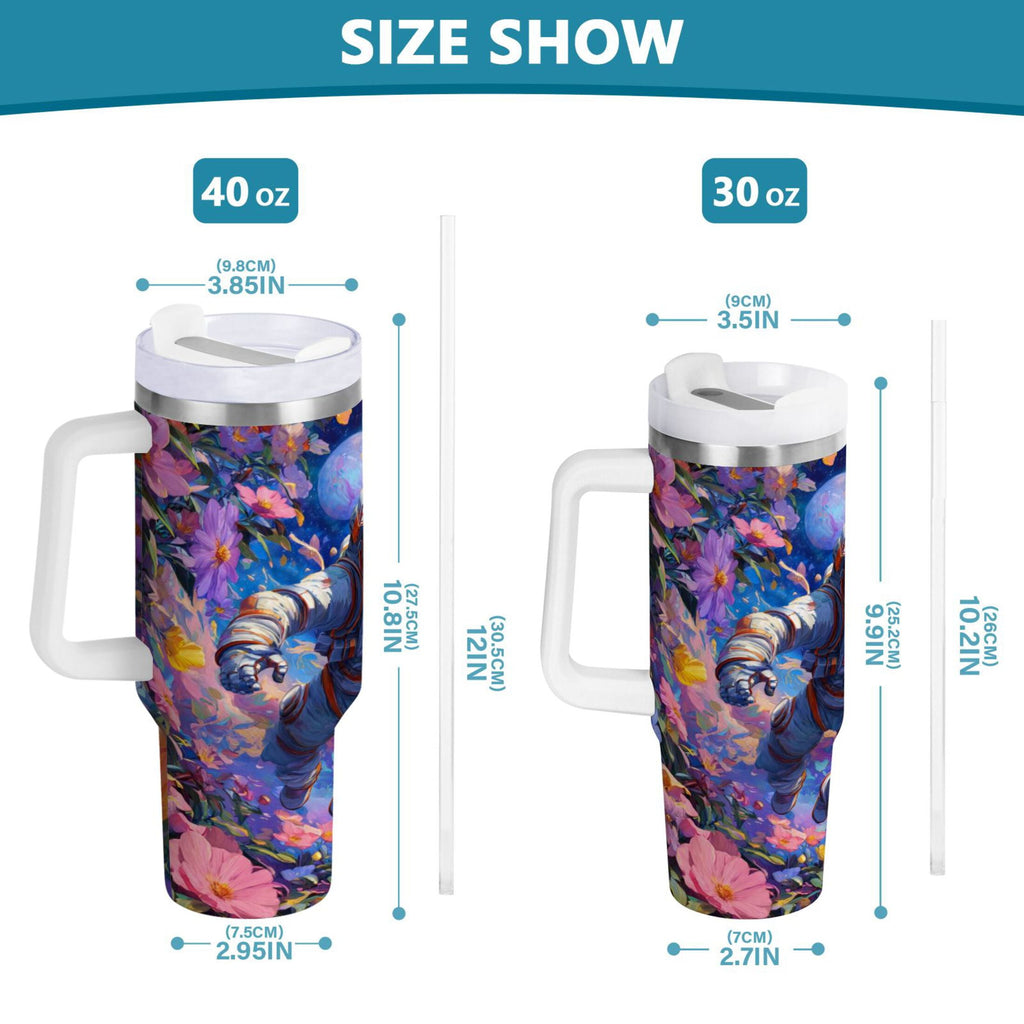 40 oz Insulated Stainless Steel Tumbler Double Wall Stainless Steel Tumbler with 2-Way Drinking Astronaut and Colorful Flowers - QD6W