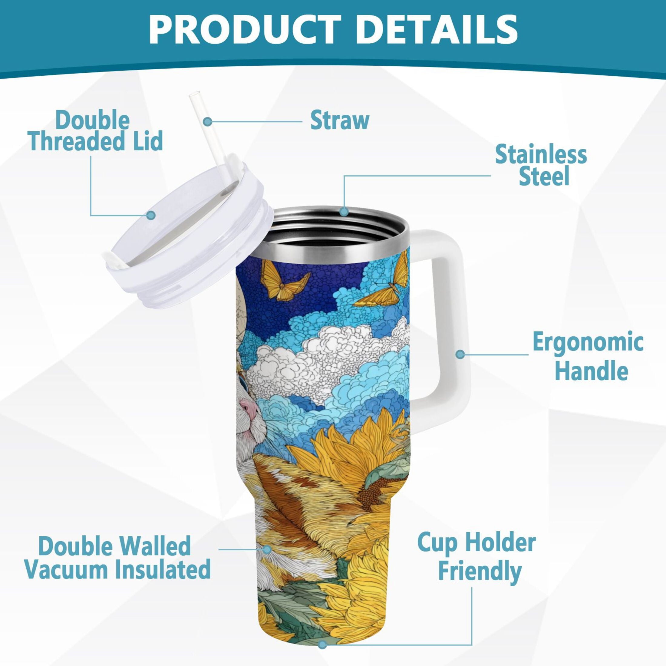 40 oz Insulated Stainless Steel Tumbler Double Wall Stainless Steel Tumbler with 2-Way Drinking Cat Lies in The Sunflowers - T6CX
