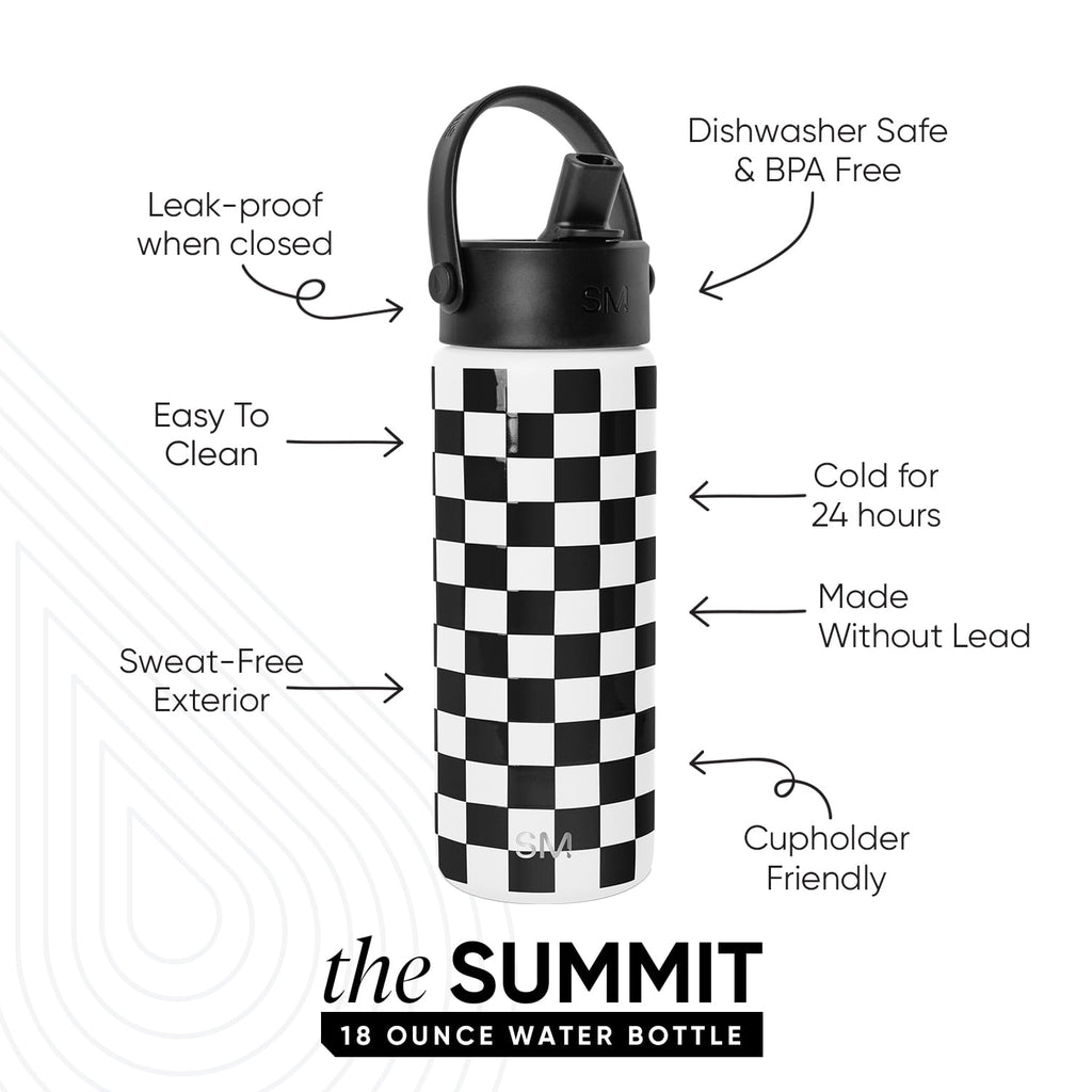 Simple Modern 18 fl oz Insulated Stainless Steel Summit Wide Mouth Water Bottle with Handle and Straw Lid|Black and White Checkmate - AUOG