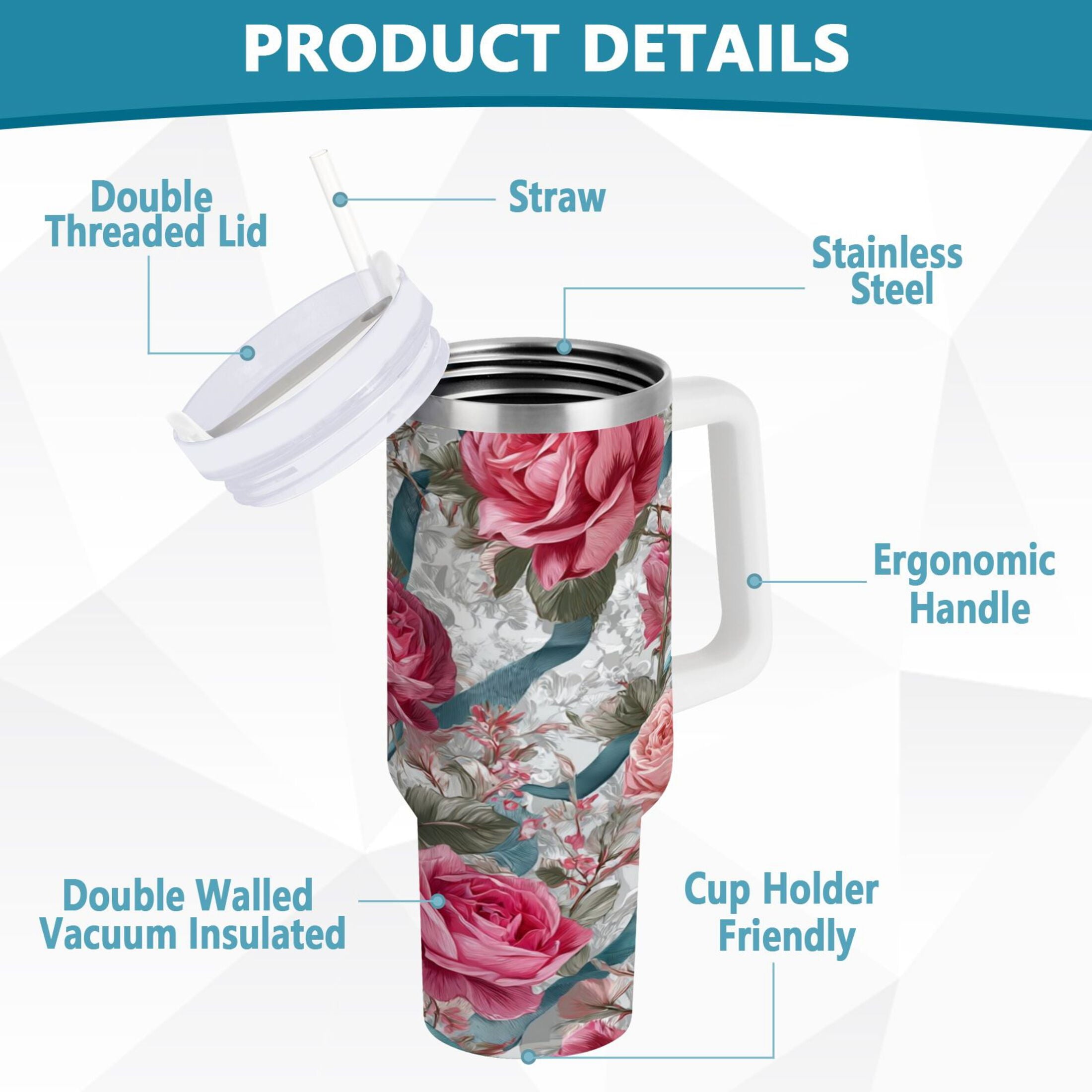 30 oz Insulated Stainless Steel Tumbler Double Wall Stainless Steel Tumbler with 2-Way Drinking Roses and Ribbons - PPEE