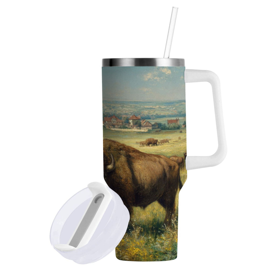 30 oz Insulated Stainless Steel Tumbler Double Wall Stainless Steel Tumbler with 2-Way Drinking Buffalo Herd Oil Painting - I0RD