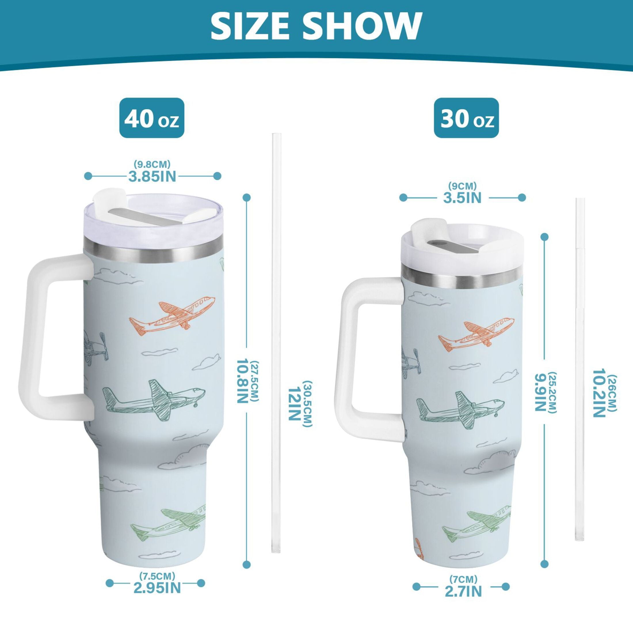 30 oz Insulated Stainless Steel Tumbler Double Wall Stainless Steel Tumbler with 2-Way Drinking Pastel Doodle Airplanes - BTKD