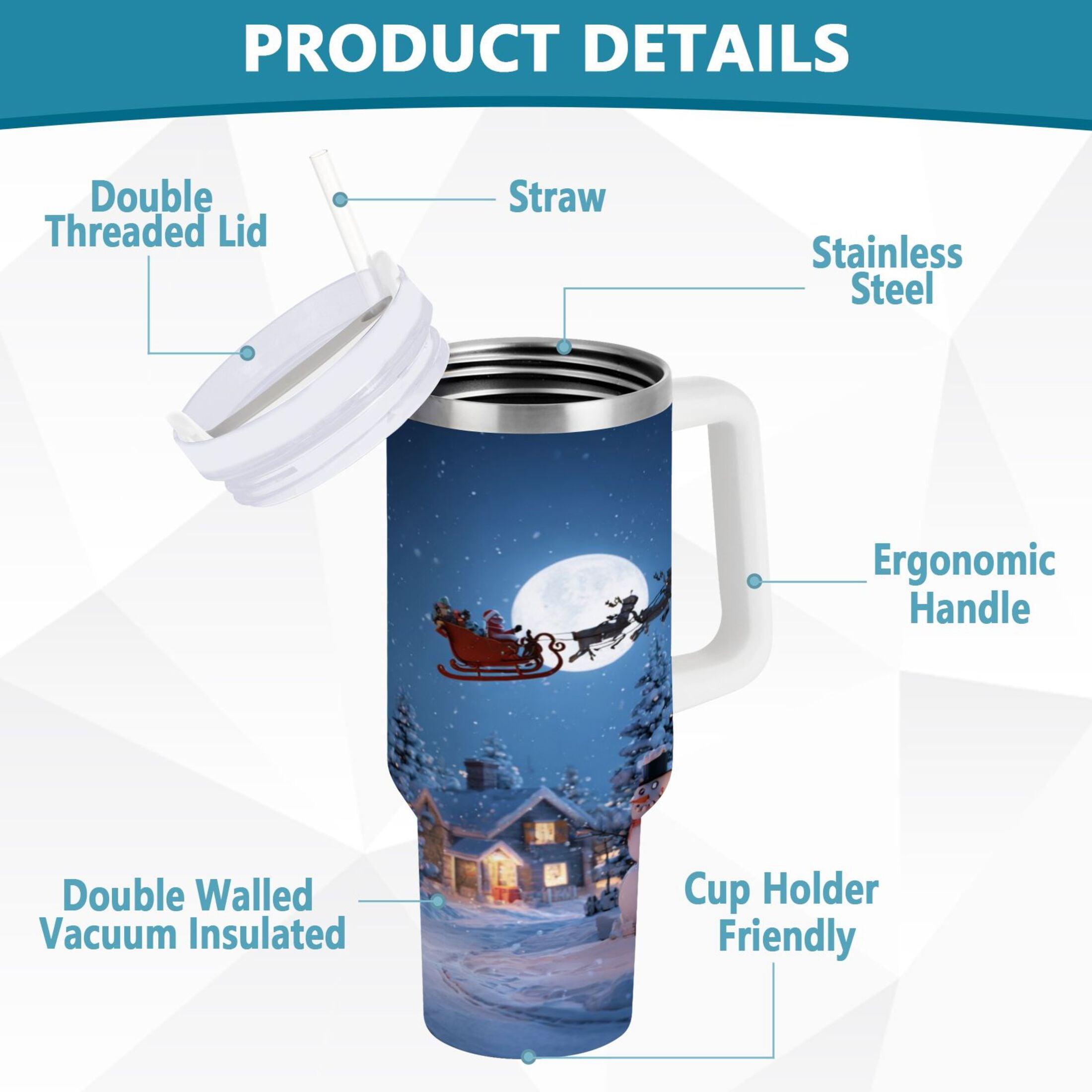 30 oz Insulated Stainless Steel Tumbler Double Wall Stainless Steel Tumbler with 2-Way Drinking Christmas Night Scene - FHAM