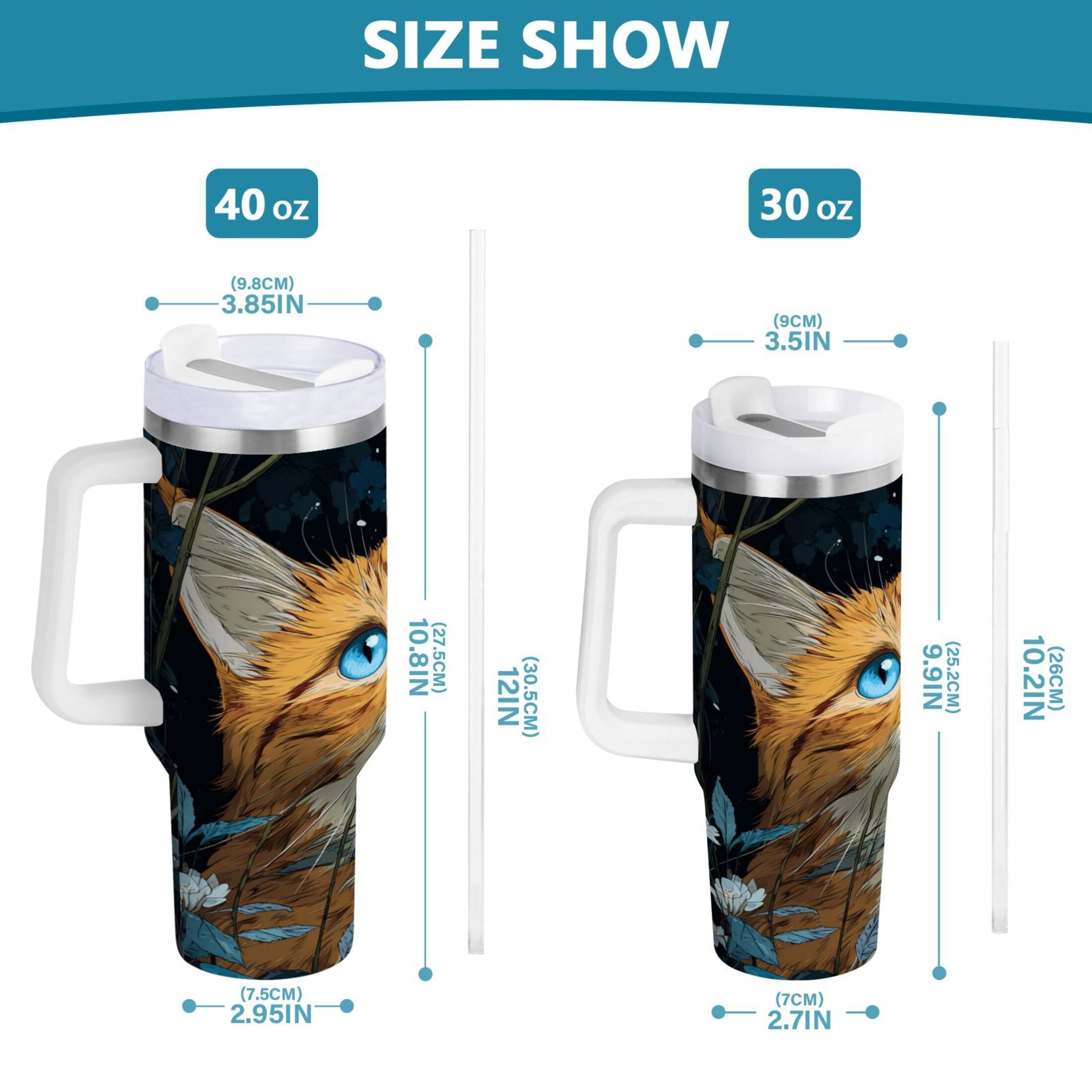 30 oz Insulated Stainless Steel Tumbler Double Wall Stainless Steel Tumbler with 2-Way Drinking Orange Cat with Blue Eyes - P494