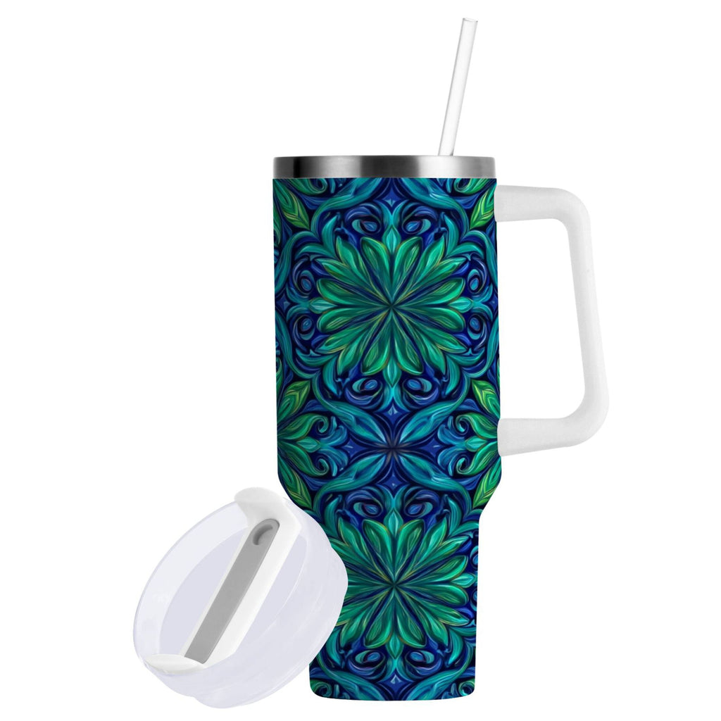 40 oz Insulated Stainless Steel Tumbler Double Wall Stainless Steel Tumbler with 2-Way Drinking Elegant Blue Traditional Patterns - VPY3