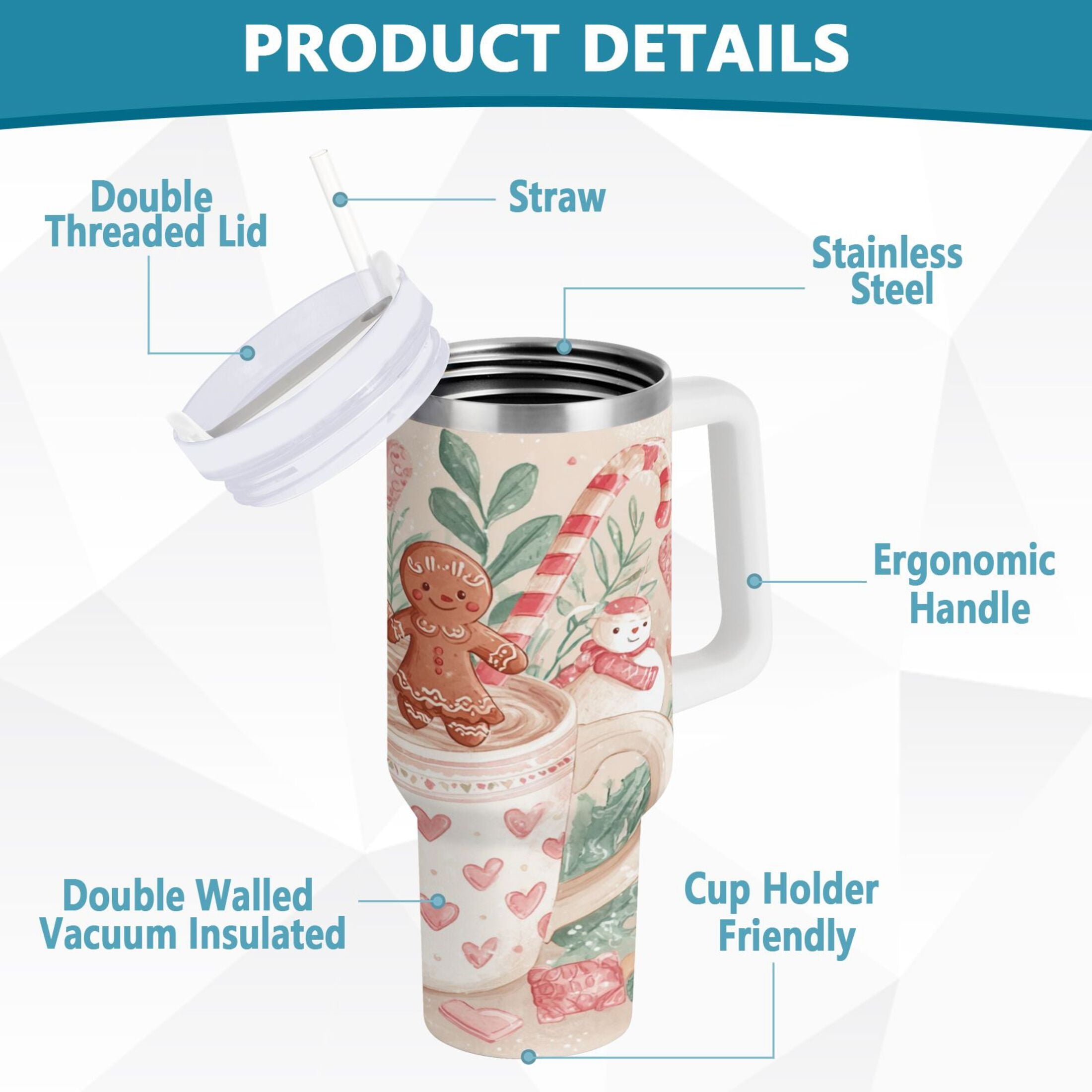 30 oz Insulated Stainless Steel Tumbler Double Wall Stainless Steel Tumbler with 2-Way Drinking Cute Christmas Design - H7L4