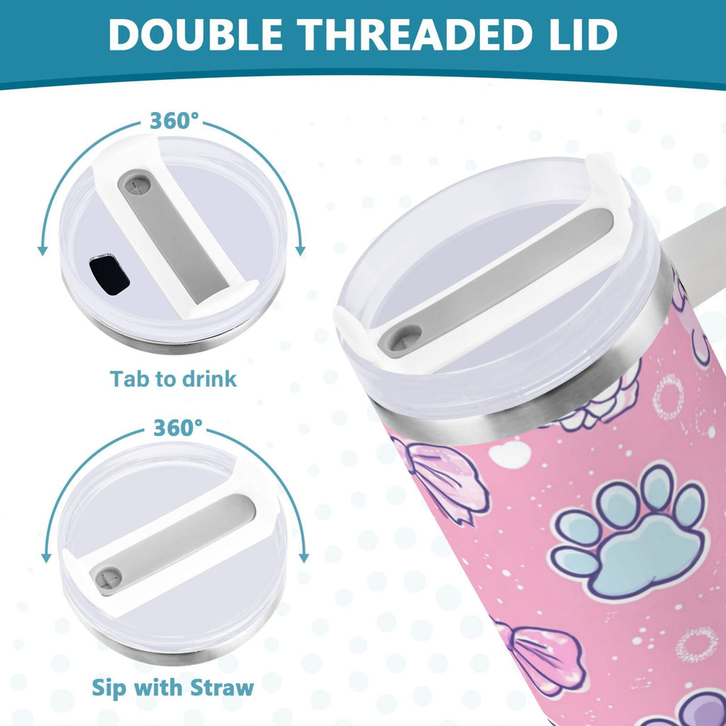 30 oz Insulated Stainless Steel Tumbler Double Wall Stainless Steel Tumbler with 2-Way Drinking Dog Paw Prints and Bows - F7K9