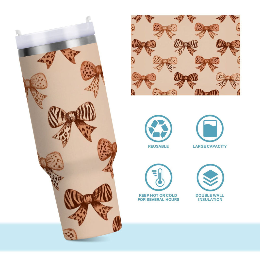 40 oz Insulated Stainless Steel Tumbler Double Wall Stainless Steel Tumbler with 2-Way Drinking Leopard Print Bow - Q3LB