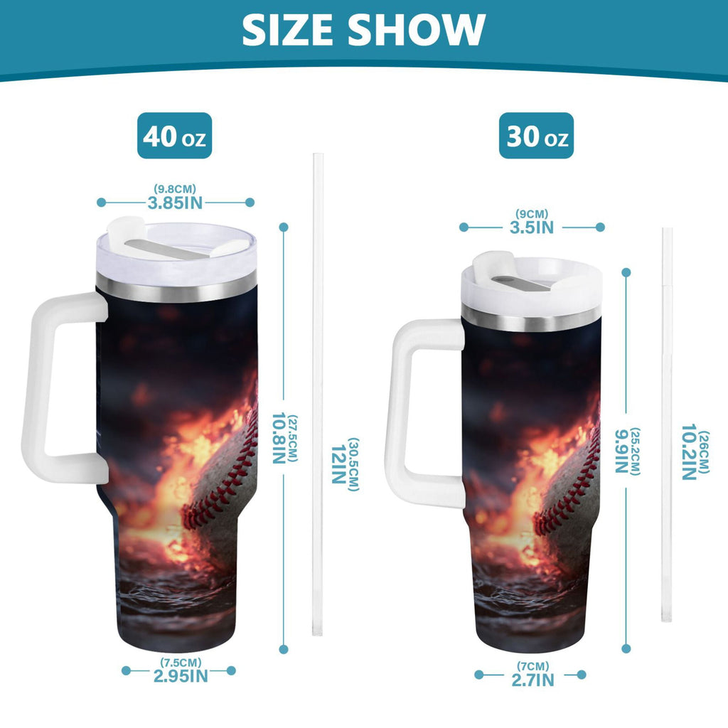 40 oz Insulated Stainless Steel Tumbler Double Wall Stainless Steel Tumbler with 2-Way Drinking Baseball with Water and Fire - MUV8
