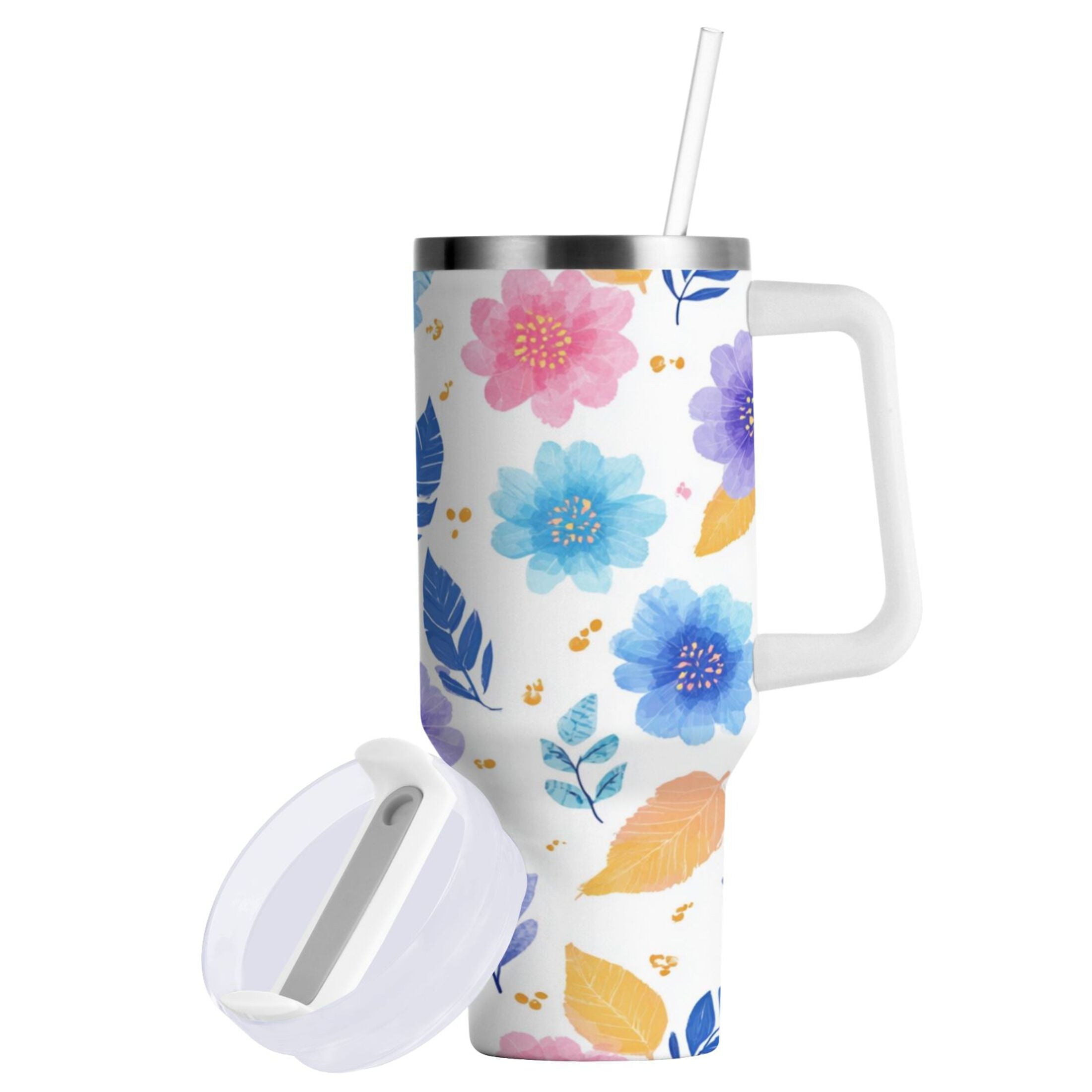 30 oz Insulated Stainless Steel Tumbler Double Wall Stainless Steel Tumbler with 2-Way Drinking Blue and Purple Flowers - 5OWM